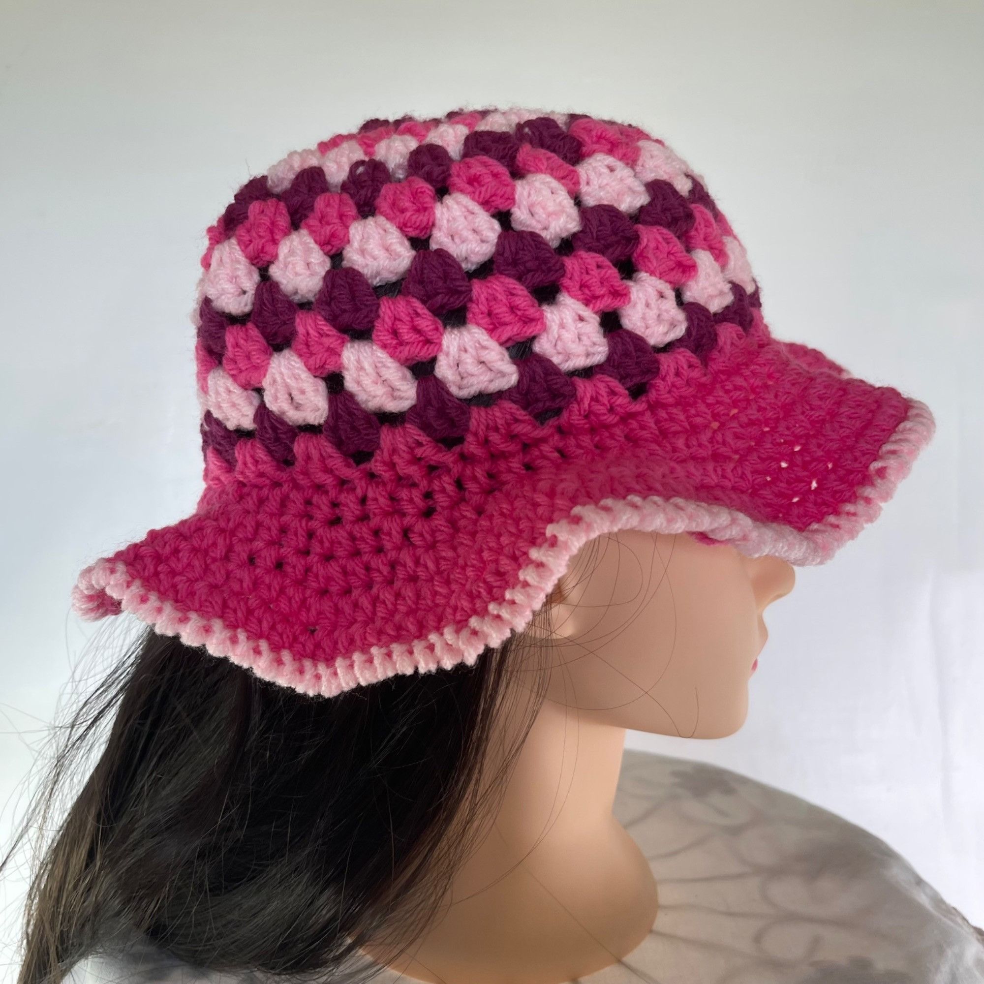 Handmade Crochet Bucket Hat Granny Square Pattern Pink and Burgundy A Size ONE SIZE - 2 Thumbnail