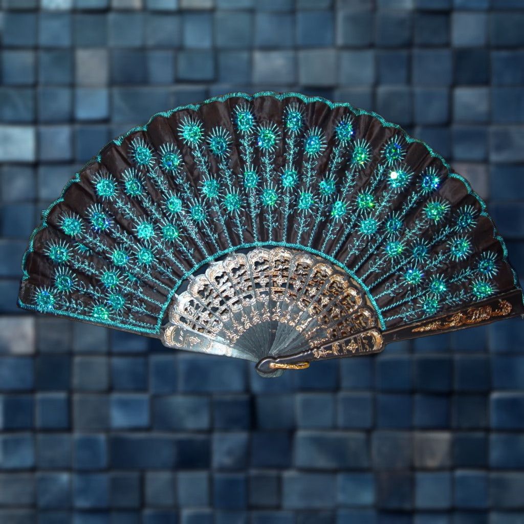 Vintage SMALL HAND FAN WITH SEQUINS | BLUE & BLACK | 16" WIDE | UNBRANDED | VINTAGE Size ONE SIZE - 1 Preview