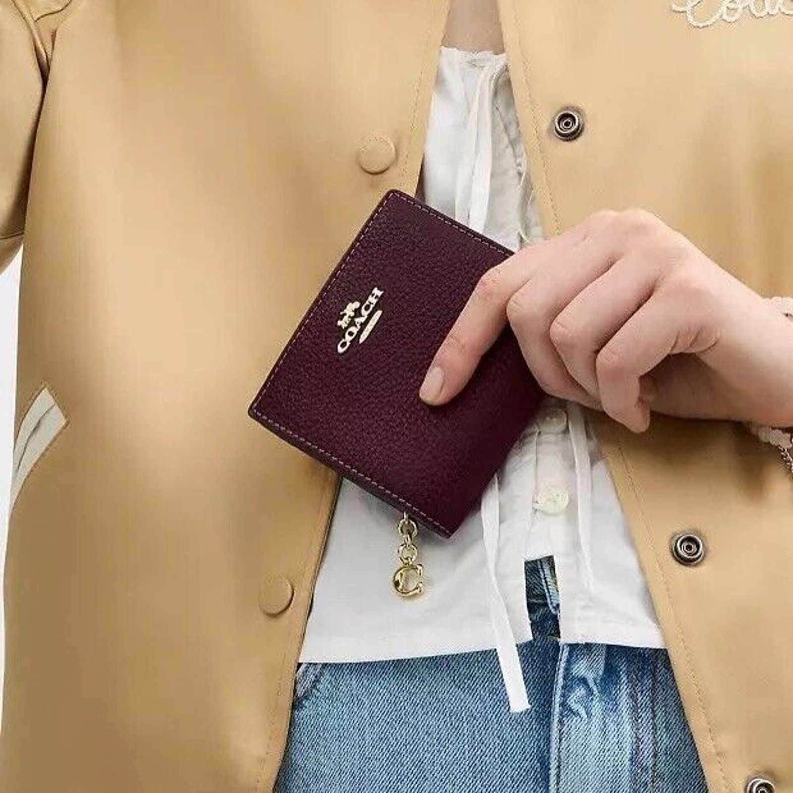 Coach NWT Coach Snap Wallet C2862 Merlot Pebbled Leather Charm Size ONE SIZE - 8 Thumbnail