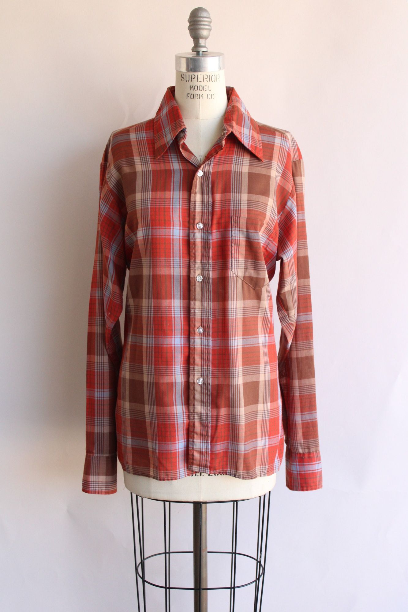 Vintage Vintage 1970s Shirt, Viking Dagger Collar Orange Plaid Trata Size L / US 10 / IT 46 - 2 Thumbnail