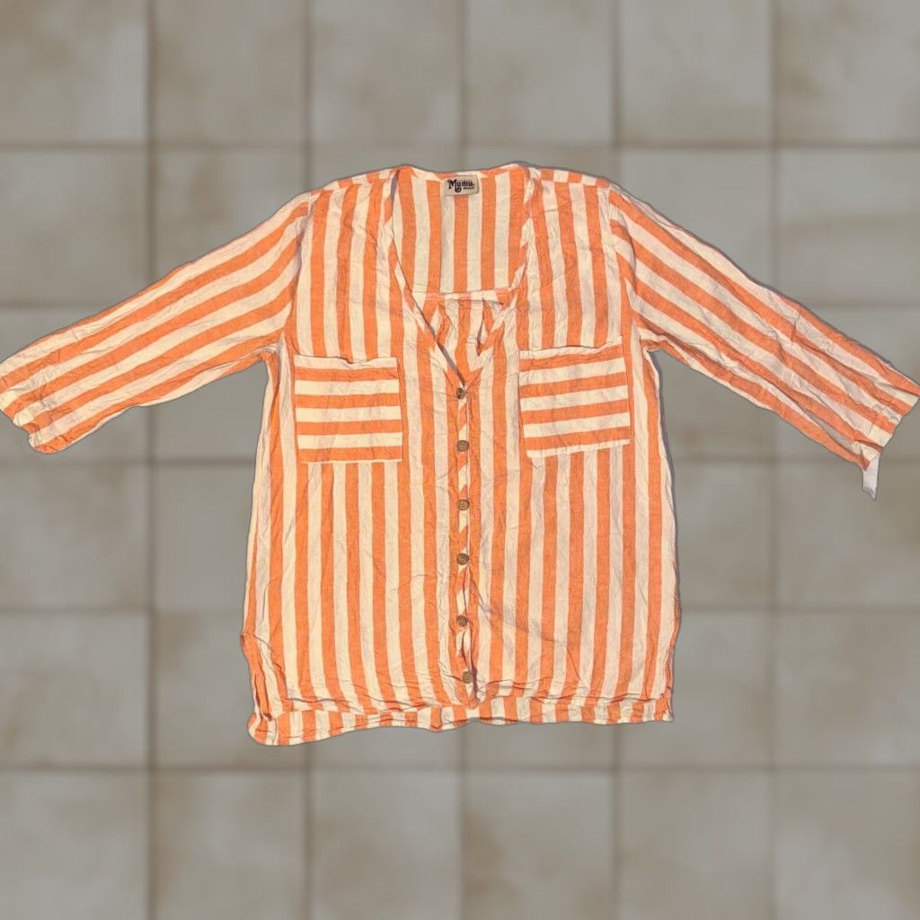 Show Me Your MuMu Show Me Your MuMu Tunic Shirt - Women S Button-Up Linen Orange Striped Pocket Collared Long Sleeve Breathable Casual Blouse Size S / US 4 / IT 40 - 1 Thumbnail