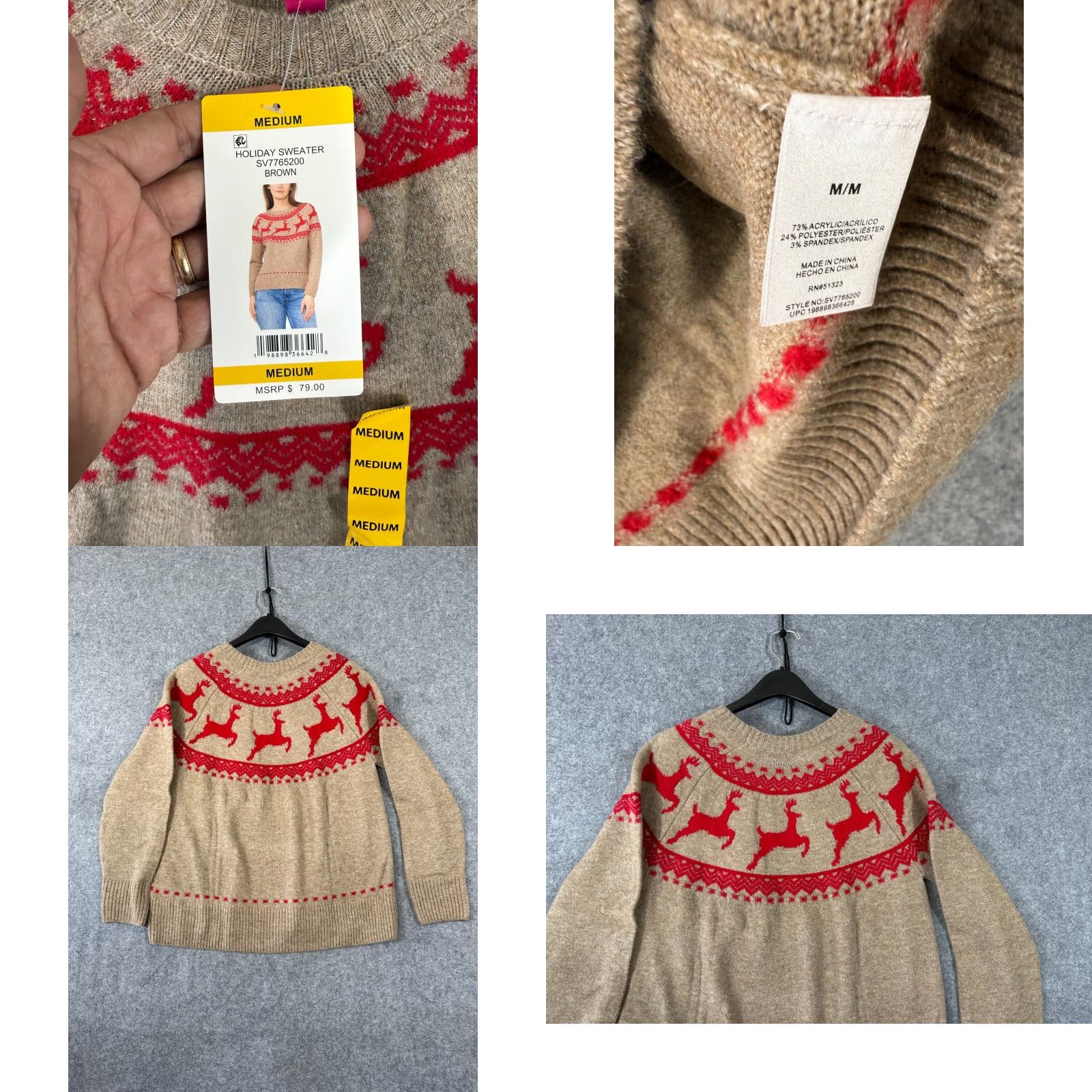 Vince Camuto Vince Camuto Holiday Sweater Womens M Brown Red Reindeer Fair Isle Stretch NWT Size M / US 6-8 / IT 42-44 - 8 Thumbnail