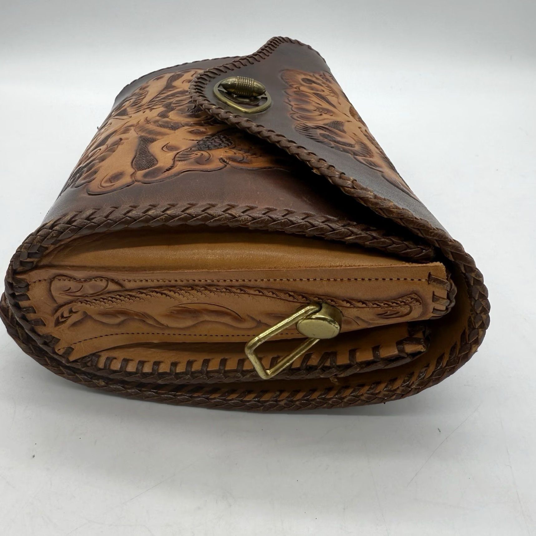 Vintage VINTAGE Clifton's Hand Tooled Leather Purse Handbag Western Floral Medium Brown Clifton Leather Shoulder Bag Women 80s 90s Western Mens Womens Size ONE SIZE - 5 Thumbnail