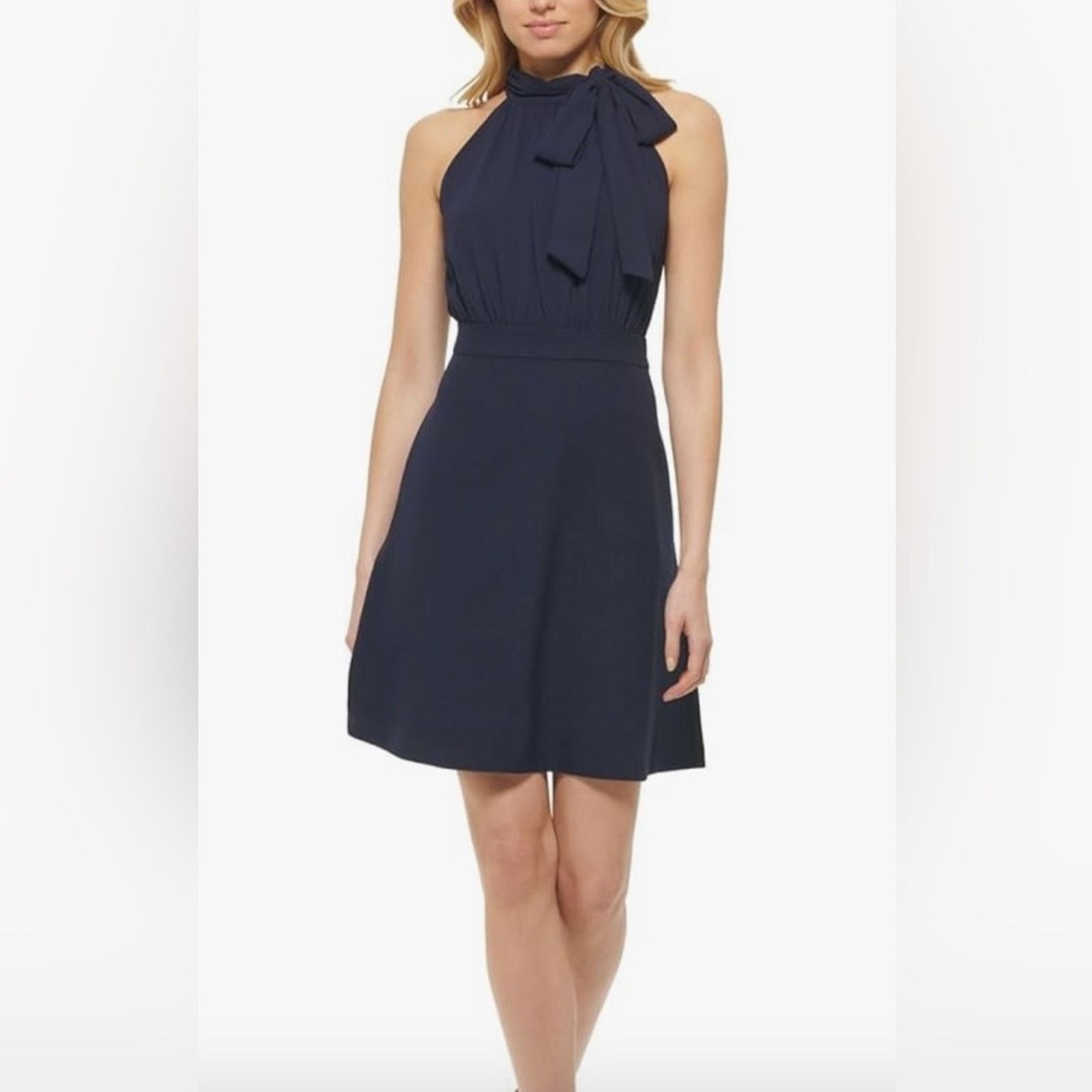 Vince Camuto Vince Camuto Chiffon Bow Neck A-Line Navy Dress Size 10 Size ONE SIZE - 7 Thumbnail