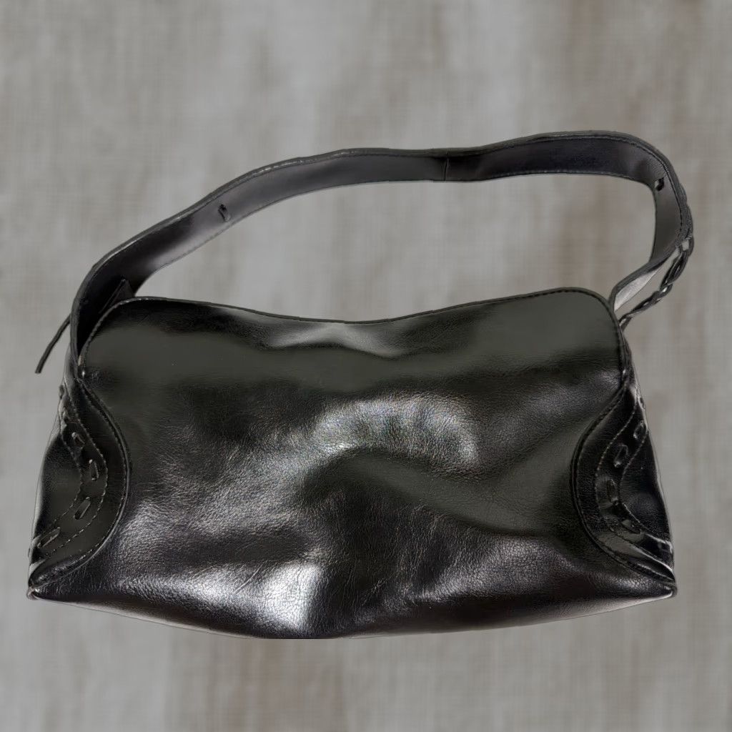 Rina Rich Black Faux Leather Handbag Top Handle Women 12x5x3.5 Flaws Scratches Stains Blemishes