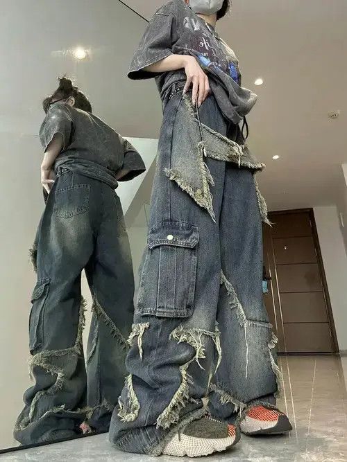 Japanese Brand Y2K Vintage Big Star Designed Ripped Denim Oversize Jeans Size 24" / US 00 / IT 34 - 2 Thumbnail