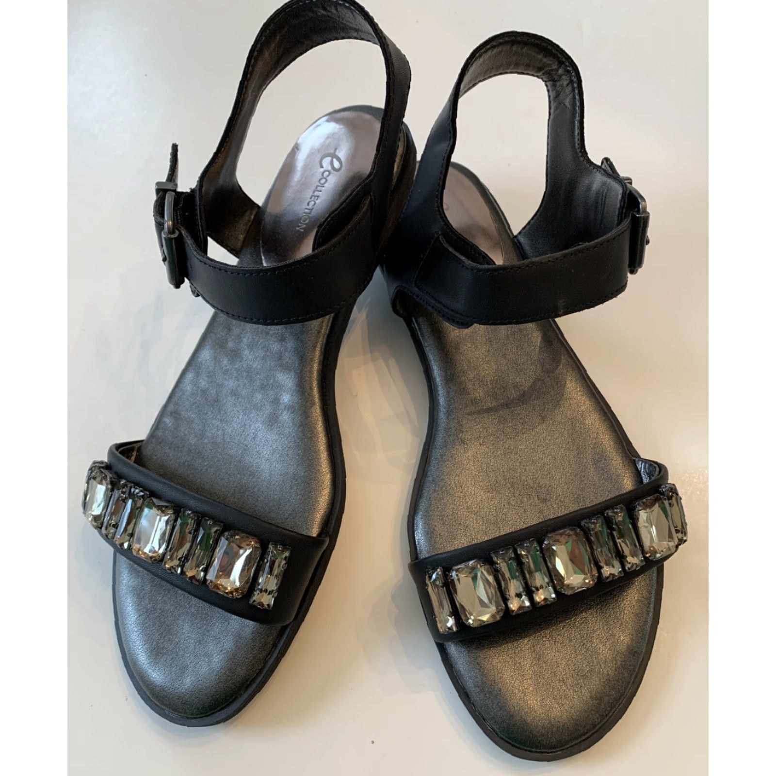 Vintage 9M E Collection Women's Sandals "ES Diamond" Black Faux Leather Bejeweled Flat Size US 9 / IT 39 - 2 Thumbnail