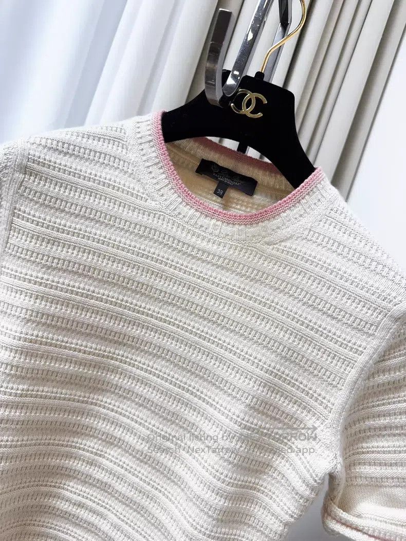 Loro Piana Loro Piana Beige Cashmere Knit Short Sleeve with Pink Edge Size XS / US 0-2 / IT 36-38 - 3 Thumbnail