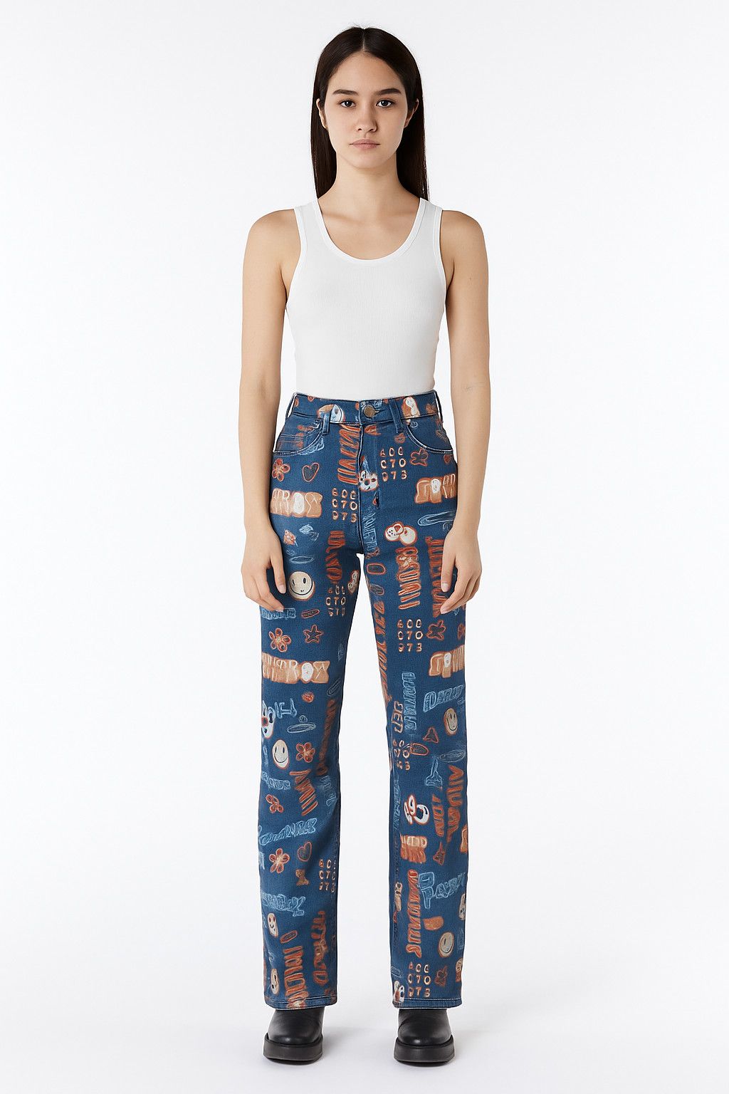 Vintage Y2K ANGEL BLUE Emoji Printed AOP Stretch Jeans Pants