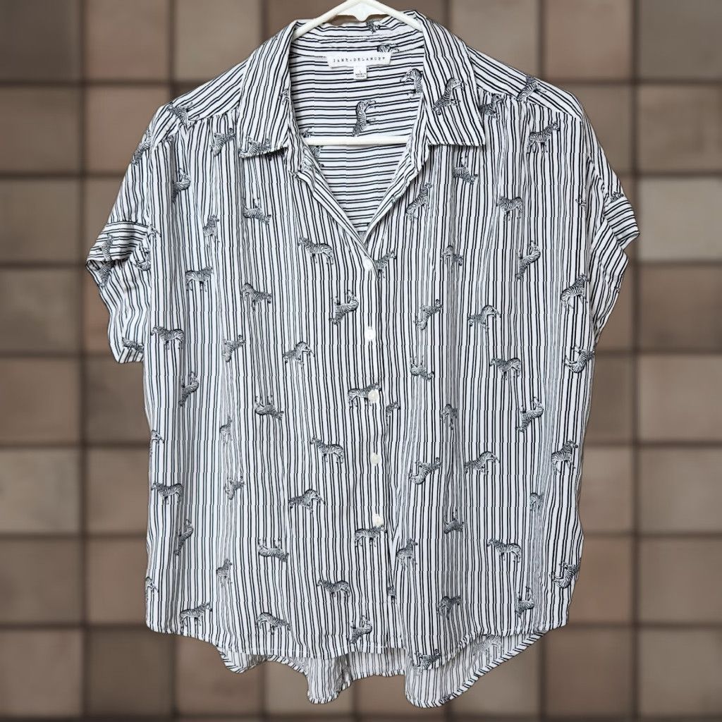 Vintage Jane + Delancey Womens Black/White Striped Zebra Print Short Sleeve Shirt Size L Size L / US 10 / IT 46 - 1 Thumbnail