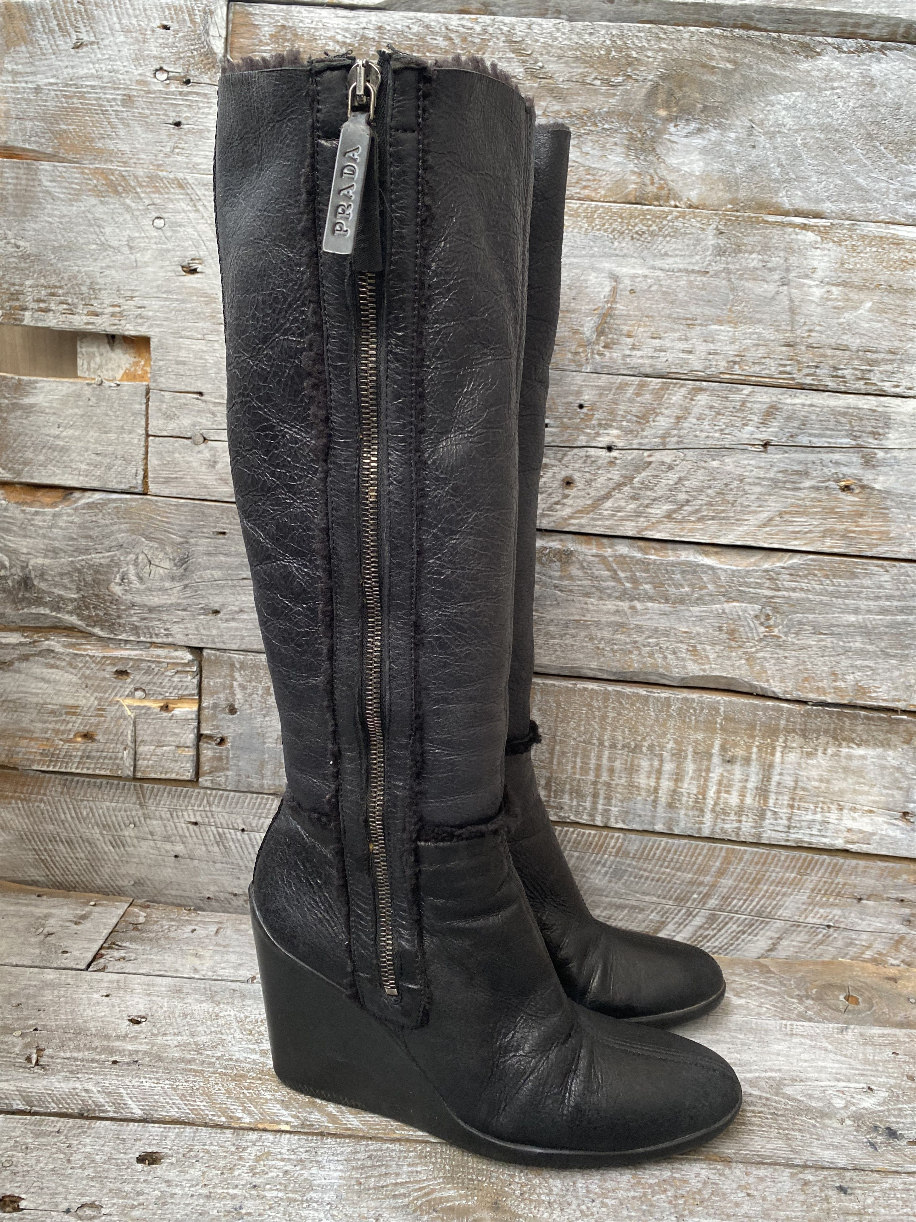 Prada Prada X Miu miu riding wedge boots, shearling sz 37 Size US 7 / IT 37 - 1 Thumbnail