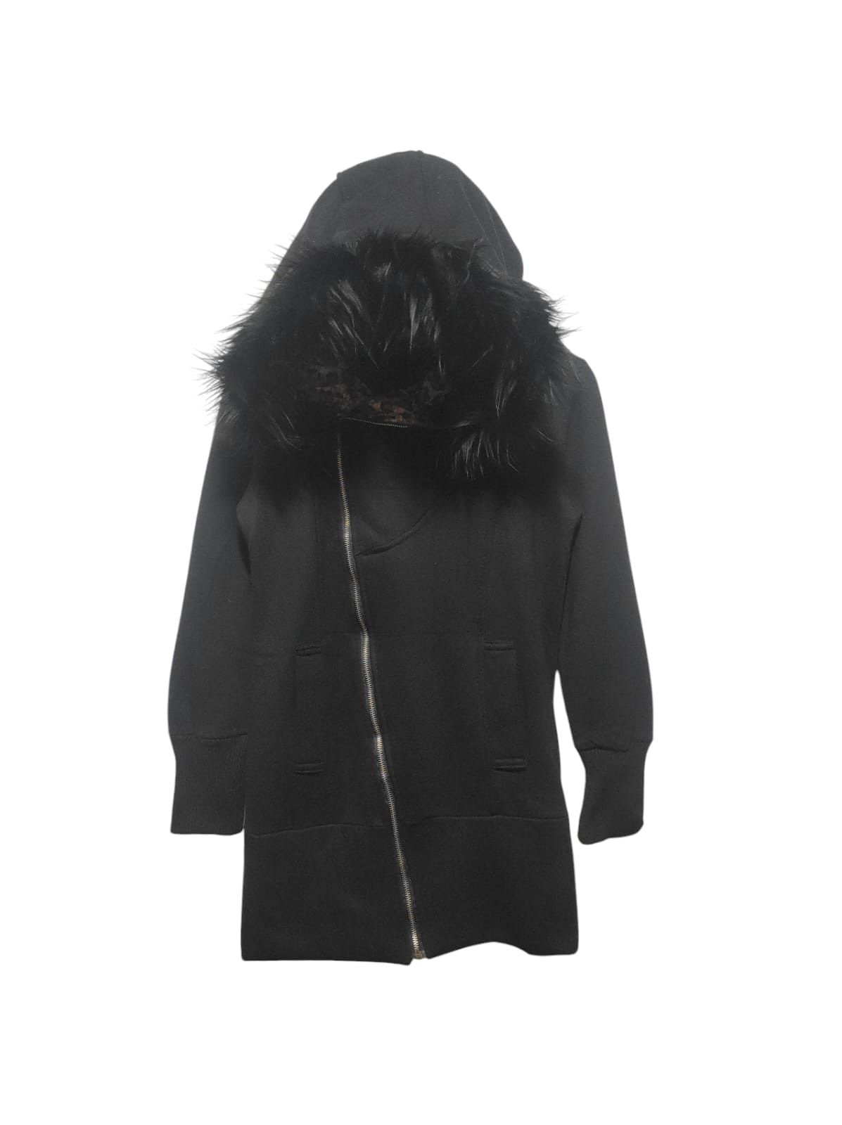 Leopard Black Asymmetrical Zip Fur Hoodie Parka LGB style