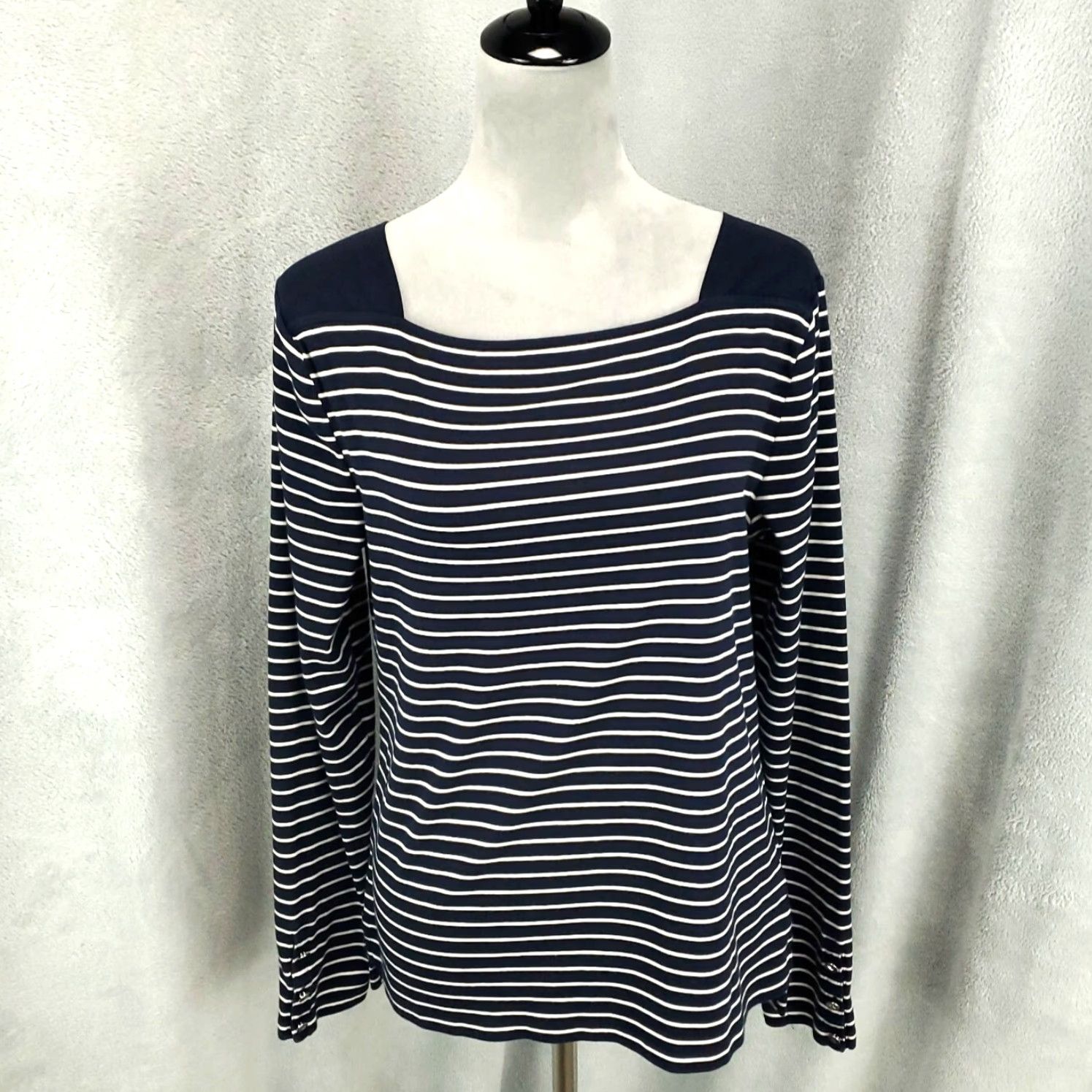 Ralph Lauren Lauren Ralph Lauren Top Womens XL Blue White Stripe Knit Blouse V-Neck Casual Shirt Shirts Multicolor Classic Preppy Pattern Knit Cotton Blend Spandex Size XL / US 12-14 / IT 48-50 - 2 Thumbnail