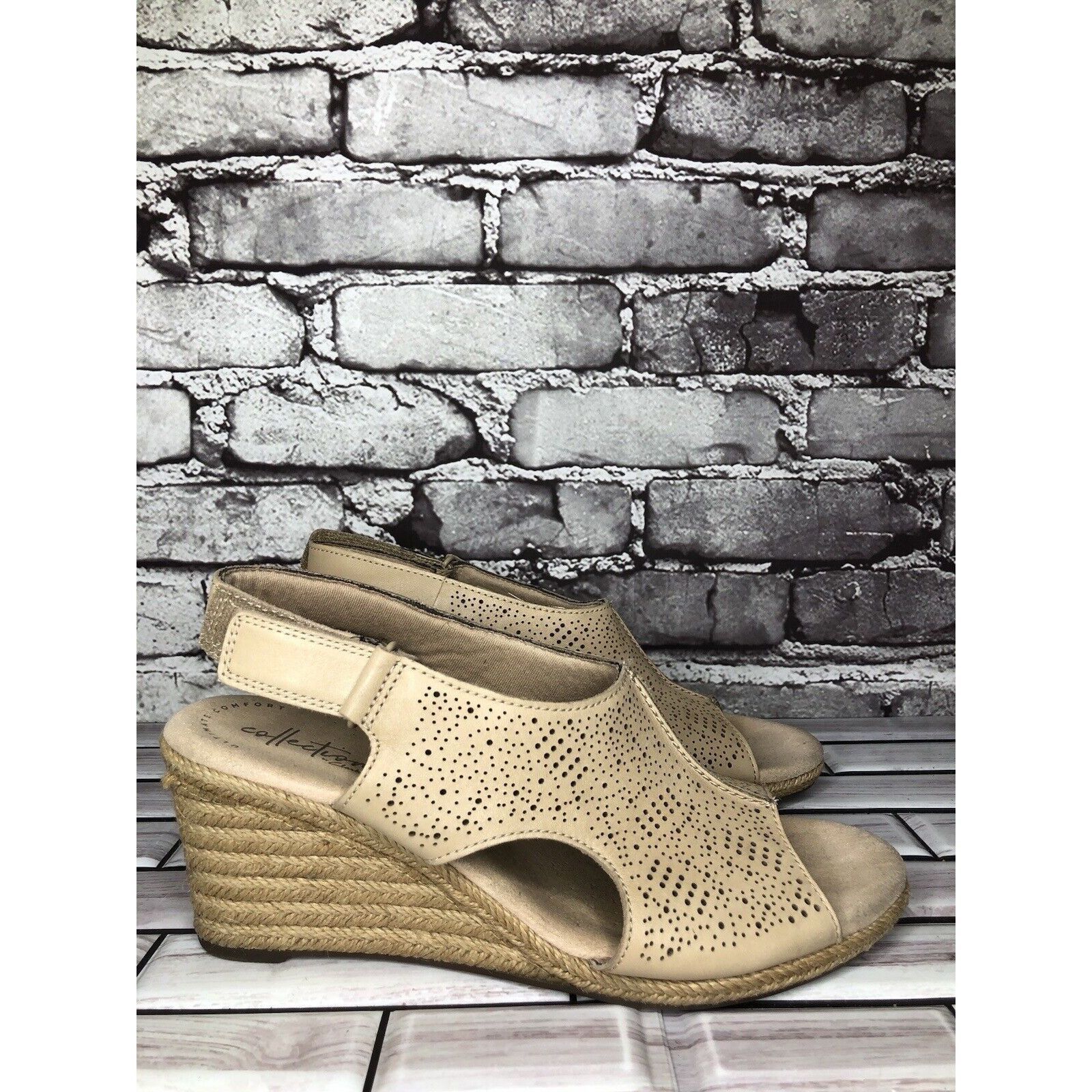 Clarks Clarks Beige Leather Perforated Strap Espadrilles Wedge Sand Size US 8.5 / IT 38.5 - 15 Thumbnail