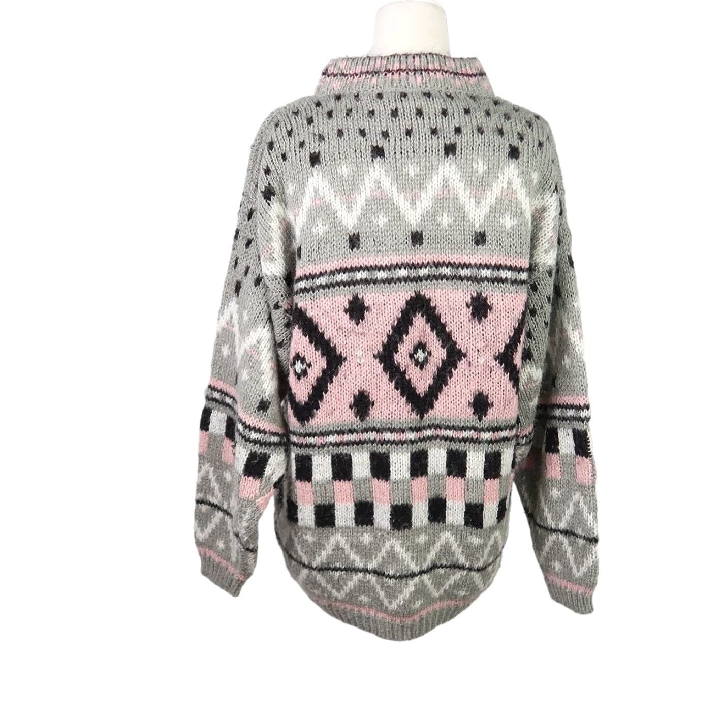 Pinko VINTAGE 80s Eber Geometric Knit Sweater Women S Light Grey Pink High Neck Pullover Long Sleeve Acrylic Geometric Pattern Fall Winter Ladies S Size S / US 4 / IT 40 - 5 Thumbnail