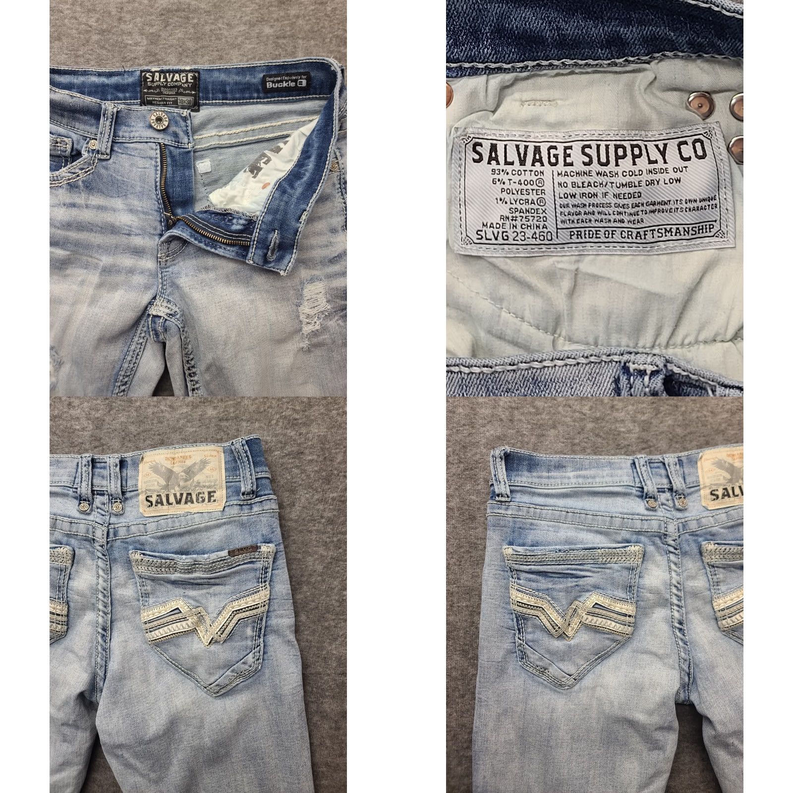 Vintage Salvage Jeans Mens 30x26 Straight Regular Distressed Stretch Denim Blue Cotton Polyester Spandex Buckle Bke Mayhem 30 Inseam 26 in Regular Rise Mid Size US 30 / EU 46 - 8 Thumbnail