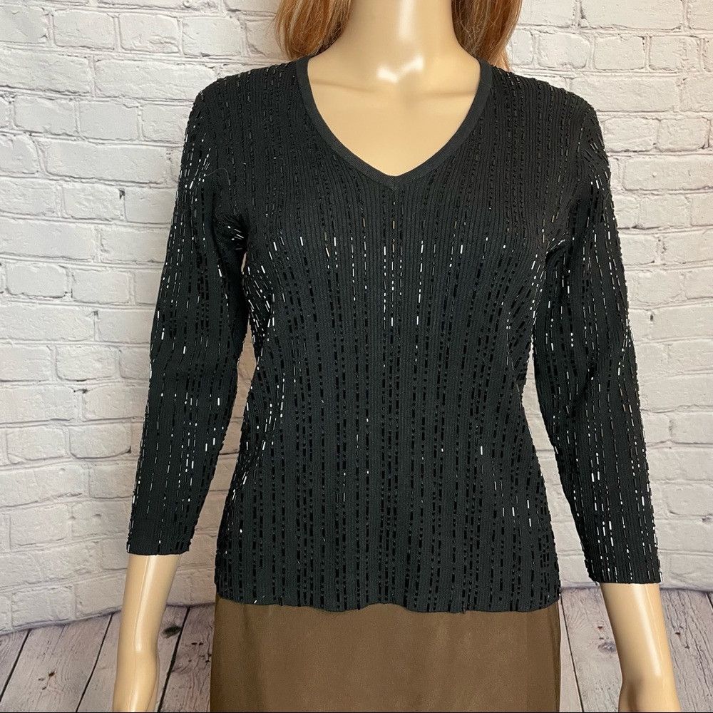 Other City Silk V-neck 3/4 Sleeve Beaded Black Sweater Size L Size L / US 10 / IT 46 - 1 Thumbnail