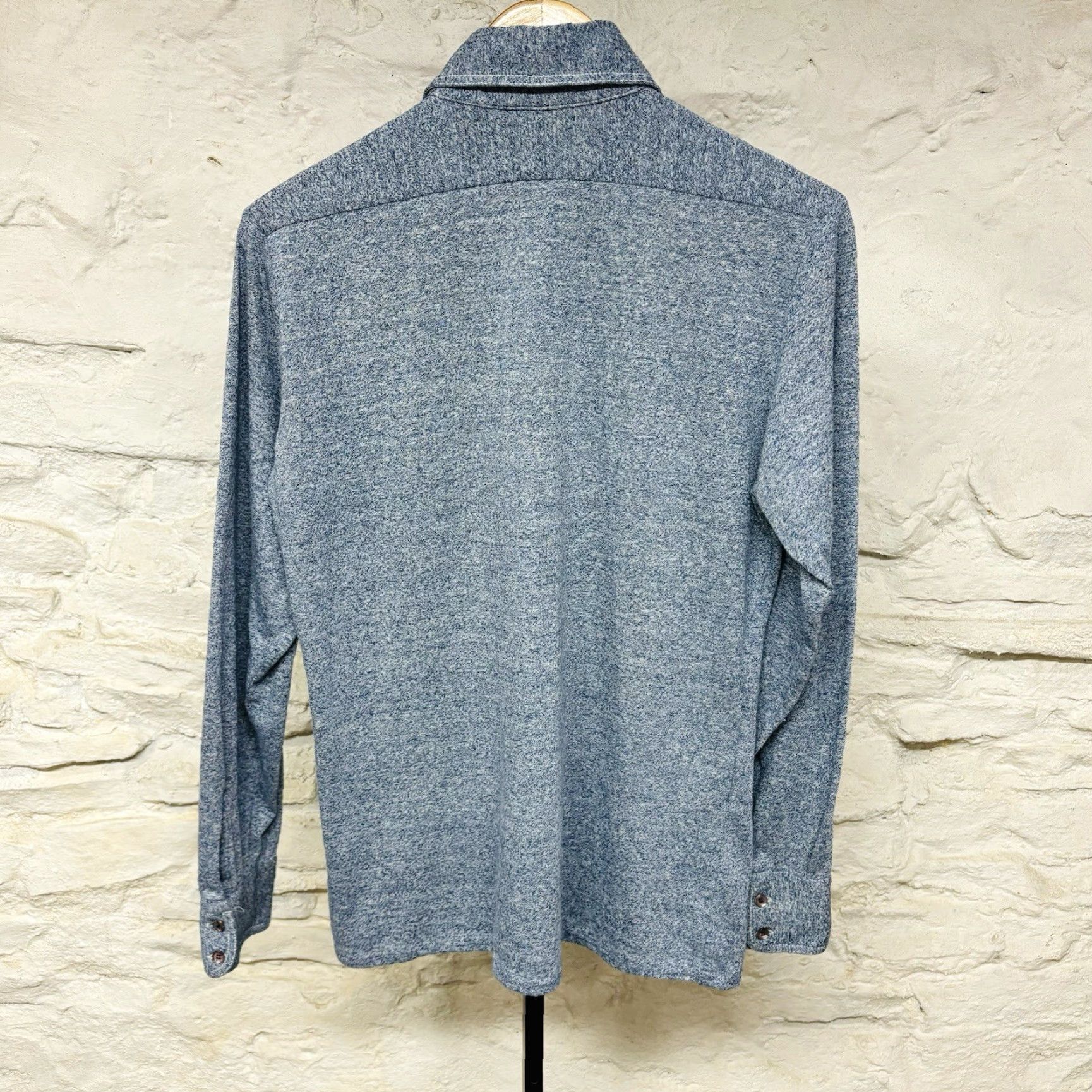 VINTAGE Puccini di Roma Knit Dagger Collar Spread Button Up Shirt 60s 70s Mens Blue Long Sleeve Polyester Knit Shirt Button-Up Collar Spread 15.5