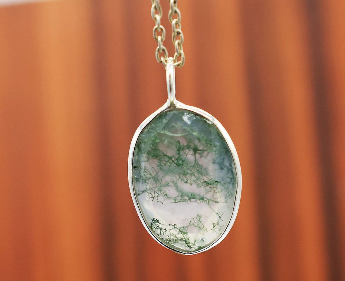 Handmade Sterling Silver Moss Agate Pendant Necklace - 18 Inch Size ONE SIZE - 3 Thumbnail