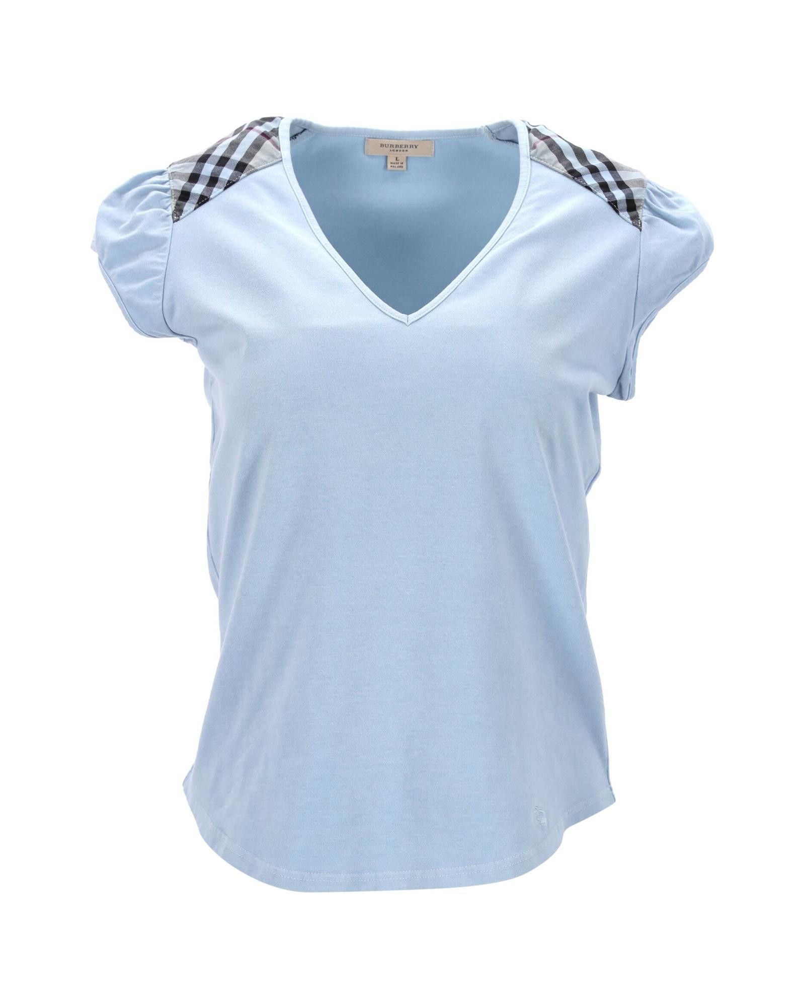 image of Burberry Check Shoulder V-Neck Top In Light Blue Cotton in Blue/Light Blue, Women's (Size Large)