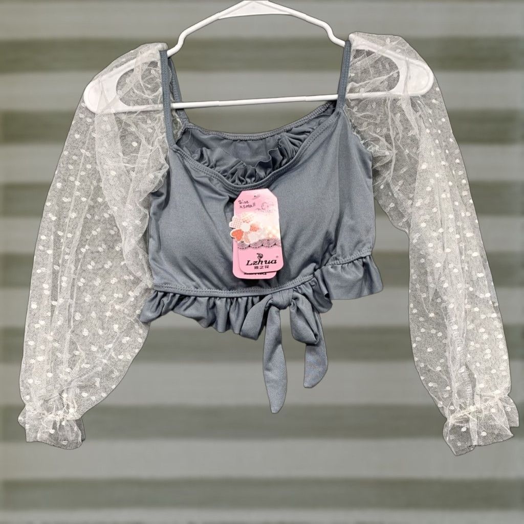 Vintage Lzhua 2-Piece Swimsuit Women's XS Gray Lace Sleeves Boy Shorts Under Skirt NWT Daywear Size 26" / US 2 / IT 38 - 1 Thumbnail