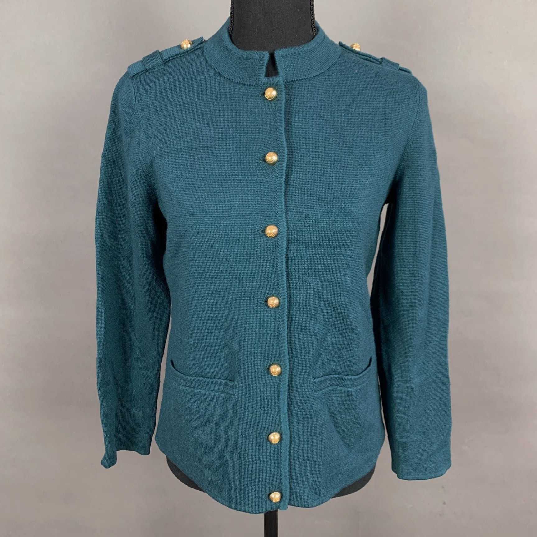 Talbots Talbots Merino Wool Button Up Cardigan Green PS Petite Womens Sweater Long Sleeve 100% Merino Button Accents Therma Gold Button Jacket Cardigan Size S / US 4 / IT 40 - 2 Thumbnail