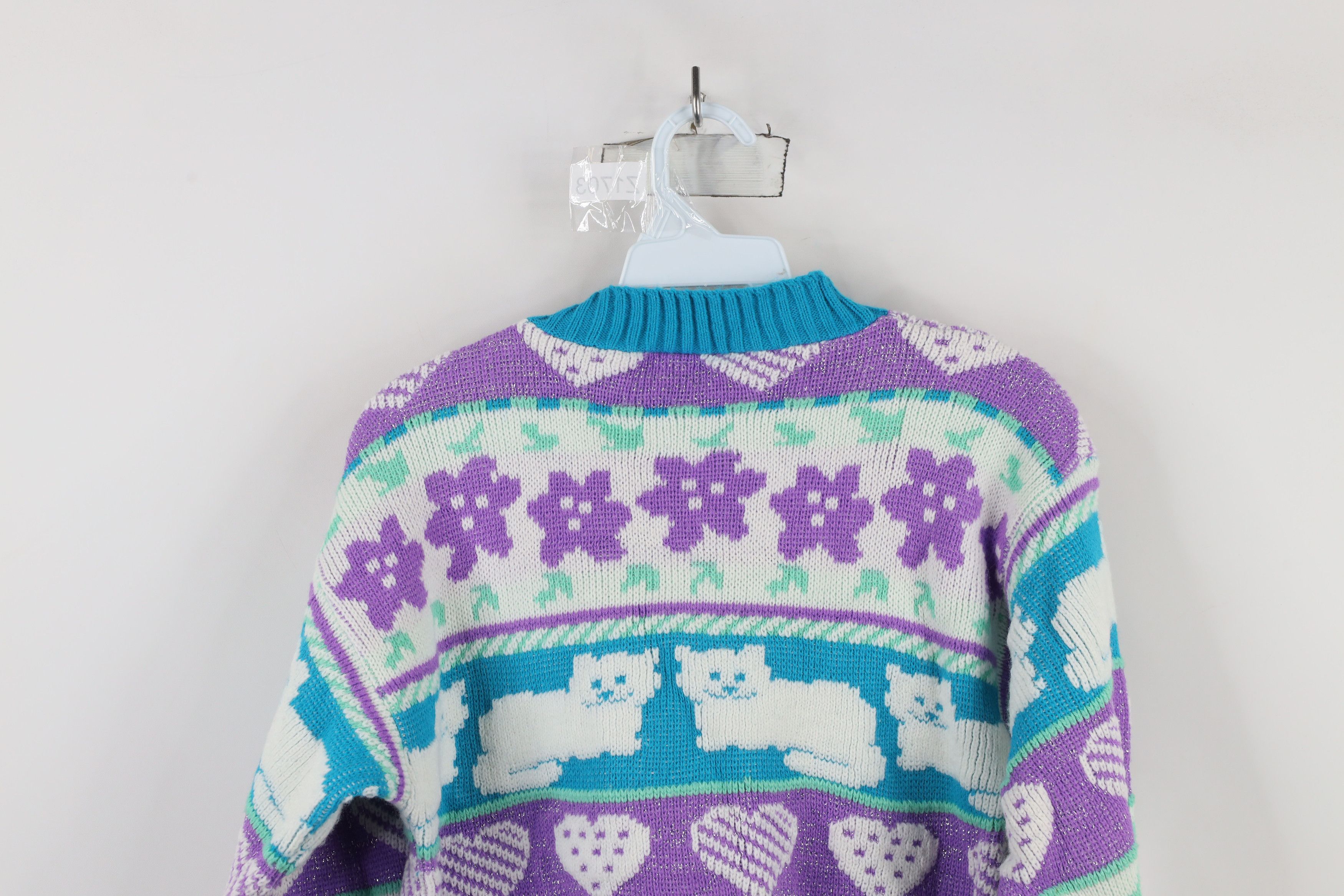 Vintage Vintage 80s 90s Kawaii Heart Cat Flower Knit Sweater USA Size XS / US 0-2 / IT 36-38 - 8 Thumbnail