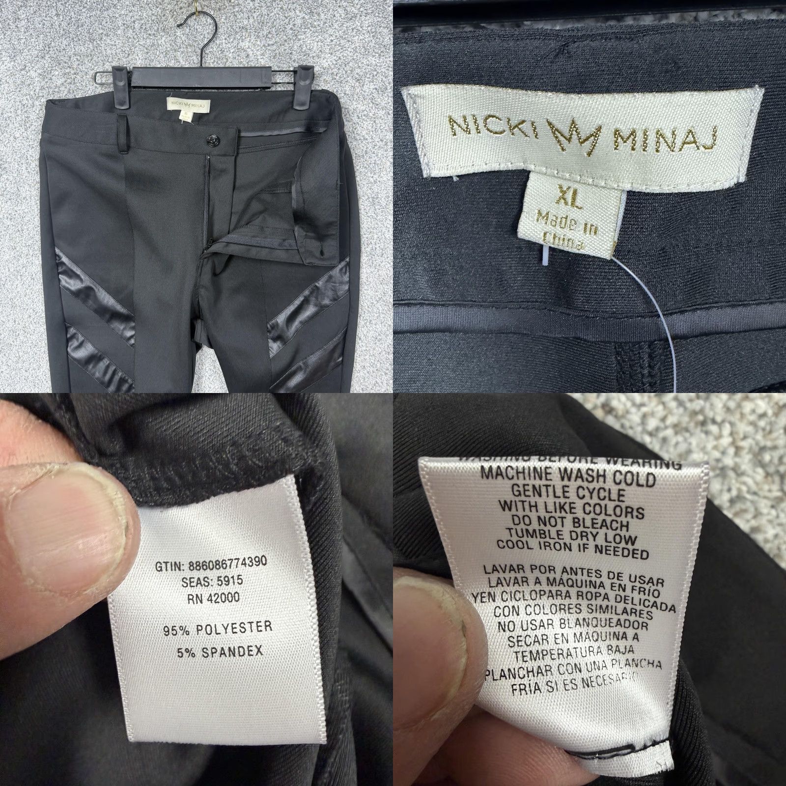 Vintage Nicki Minaj Pants Women XL 34x31 Black Satin Faux Leather Skinny Moto Street New Size 40" / US 18 - 8 Thumbnail