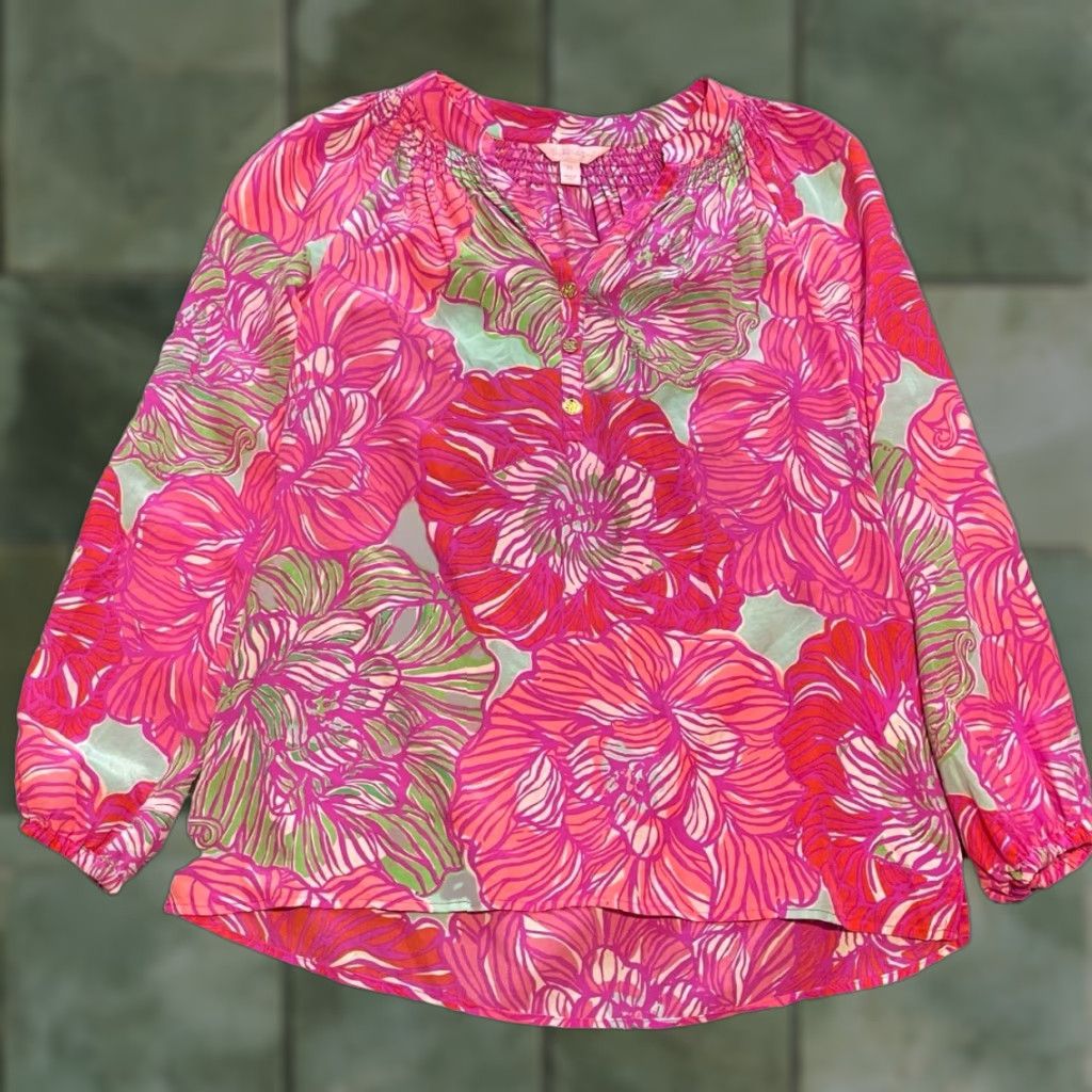 Lilly Pulitzer Lilly Pulitzer Blouse Shirt Elsa Worth It Silk Pink Floral XS Women Tunic Long Sleeve Buttoned XS Womens Size XS / US 0-2 / IT 36-38 - 1 Thumbnail