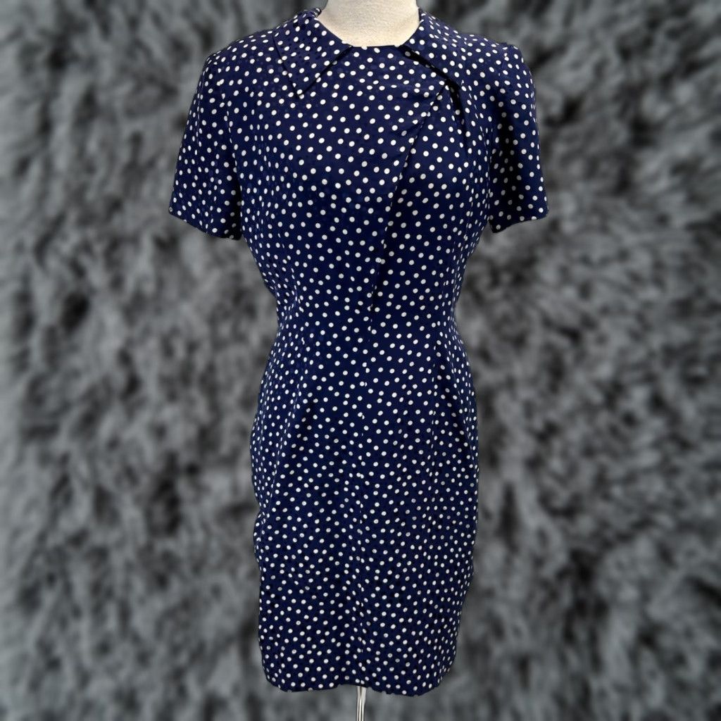 Adrianna Papell VINTAGE Adrianna Papell Silk Sheath Dress Navy White Polka Dot 80s Pinup Sz 8 Women Night Party Cocktail Knee Length Size M / US 6-8 / IT 42-44 - 1 Thumbnail