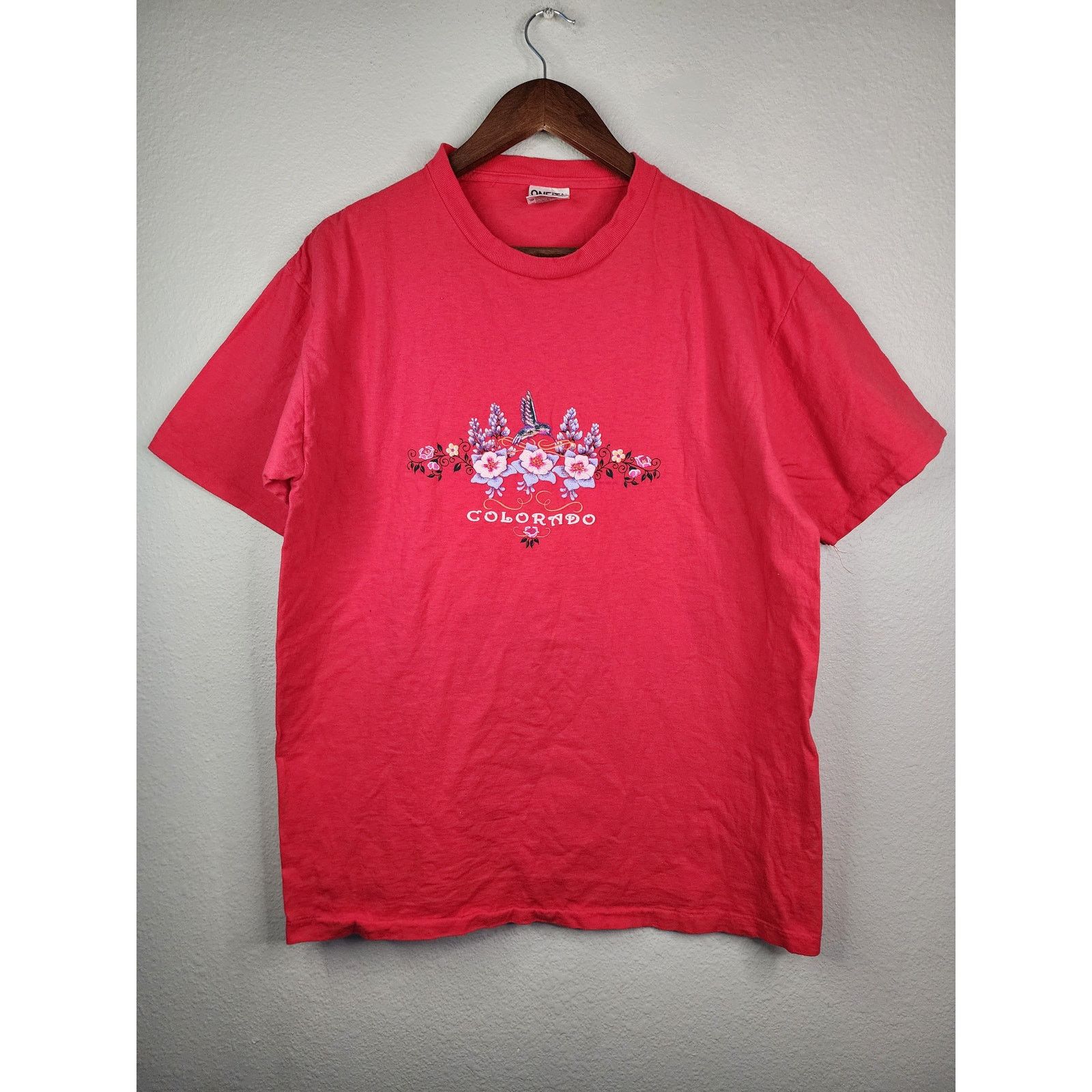 T-shirt Vintage Jerzees Années 90 - Motif Fleurs Colorado Bleu - Taille L Homme