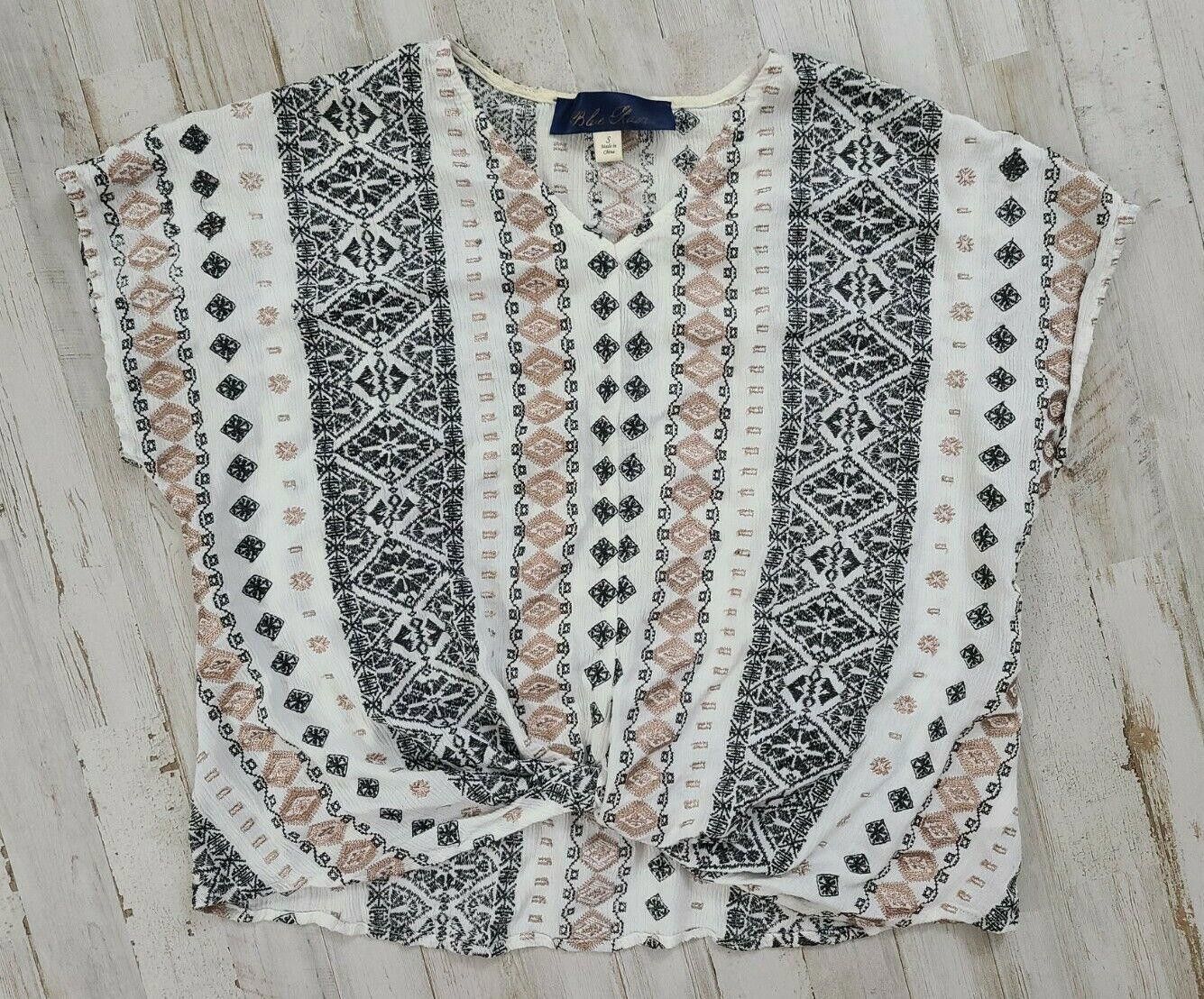 Designer Blue Rain Top Small Embroidered Boho Hippie V Neck Tie Front Size S / US 4 / IT 40 - 1 Thumbnail