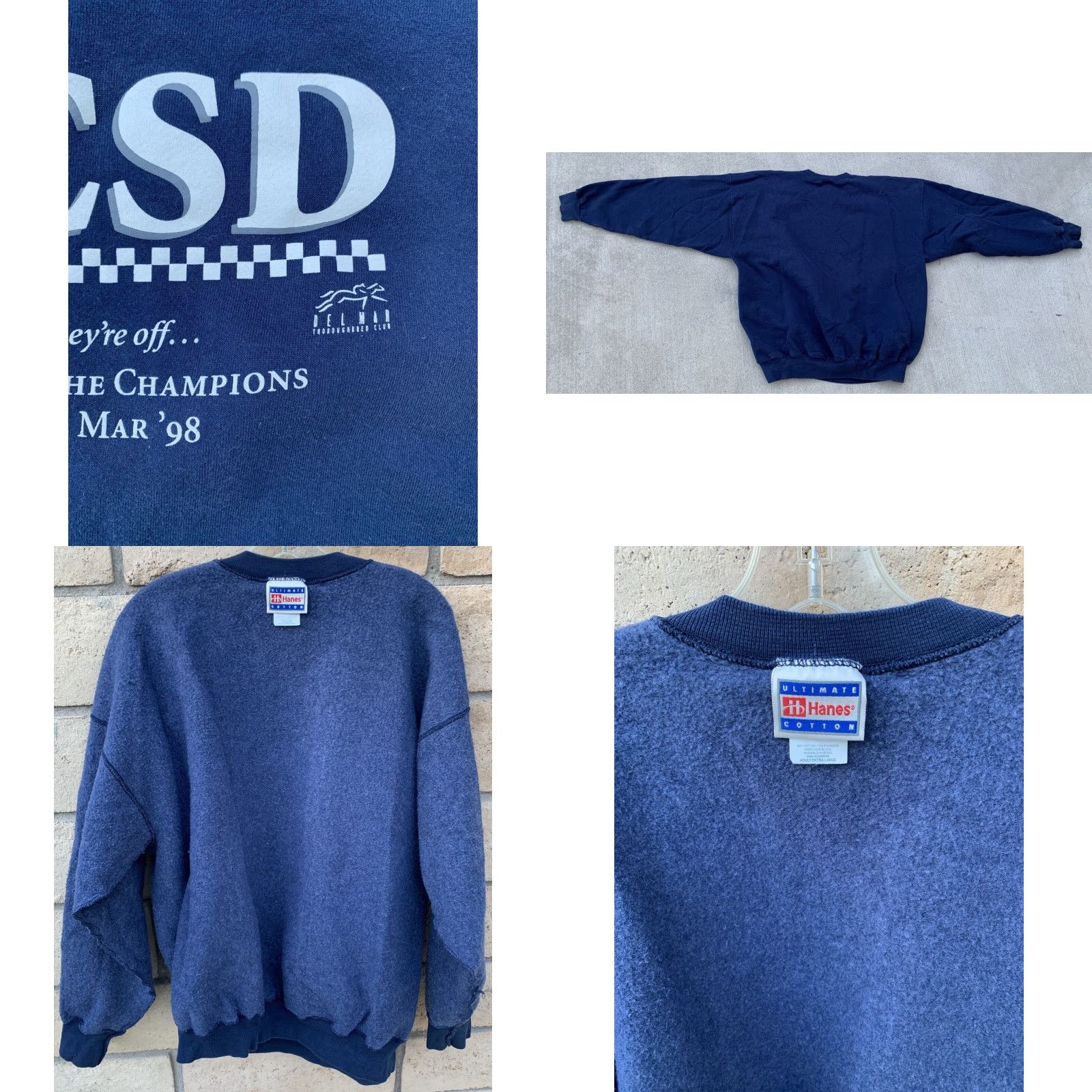 Hanes VINTAGE UCSD Del Mar ’98 Sweatshirt Horses Horse Racing Pullover Graphic Print Unisex Adults XL Blue Hanes Cotton Blend Size US XL / EU 56 / 4 - 9 Thumbnail