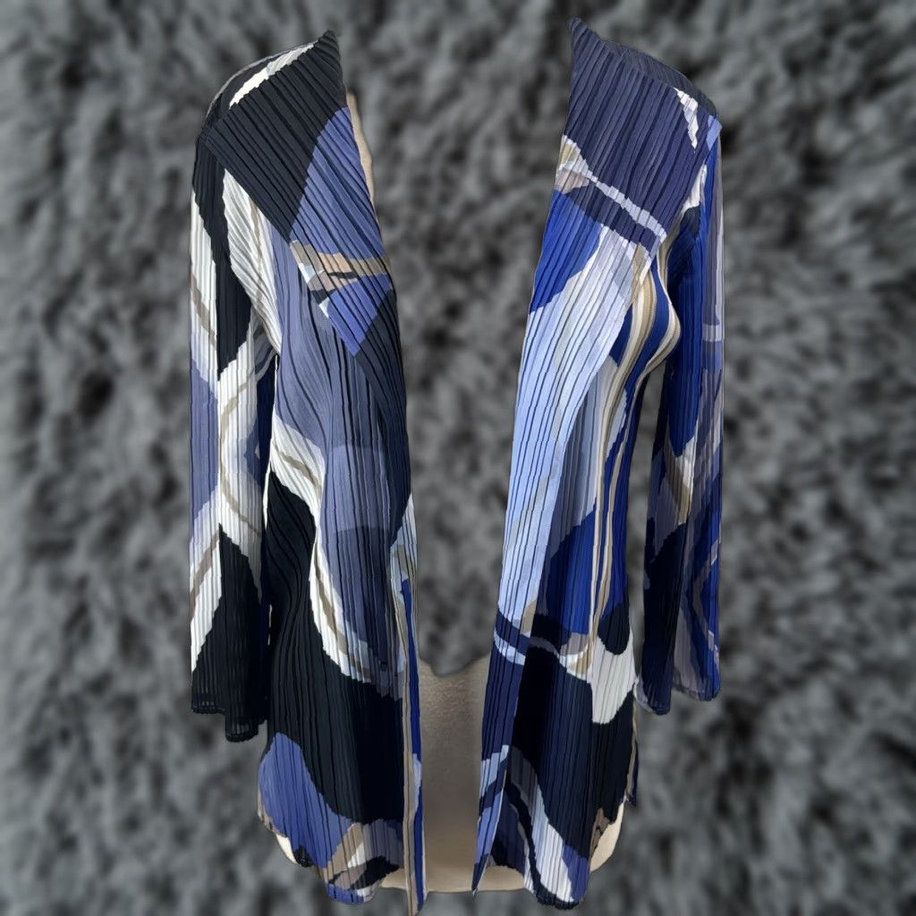 Vintage Ming Wang Pleated Crinkle Cardigan Jacket Sz Medium Petite Blue Abstract Open Size M / US 6-8 / IT 42-44 - 1 Thumbnail
