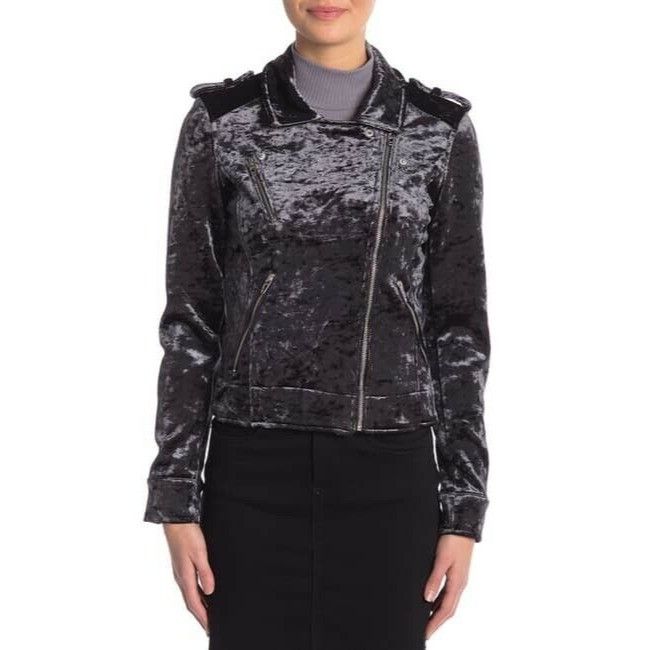 BLANKNYC ❤️BLANKNYC Gray Velvet Moto Jacket Women's S Biker Shinny Si Size S / US 4 / IT 40 - 2 Thumbnail