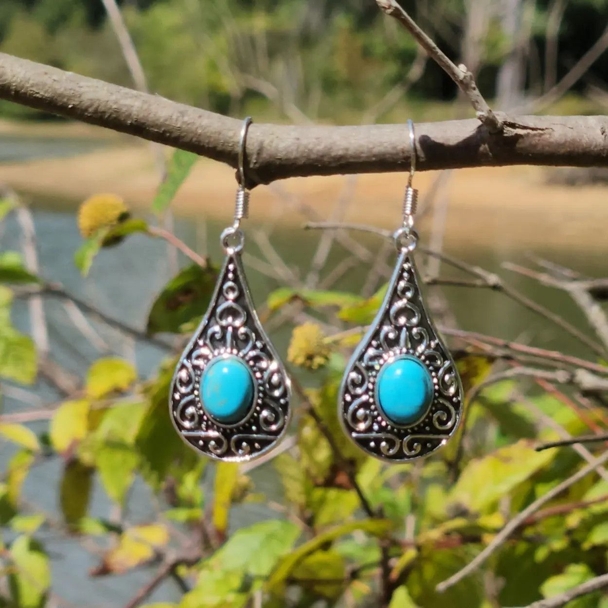Jewelry Blue Turquoise Dangle Earrings – Handmade Boho Silver Drop Size ONE SIZE - 6 Thumbnail