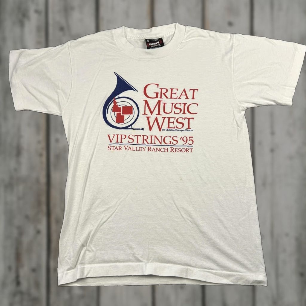 Fruit Of The Loom VINTAGE Fruit of the Loom Great Music West VIP Strings '95 Star Valley Mens Medium White T-Shirt Crew Neck Graphic Print 90s Music Men Size US M / EU 48-50 / 2 - 1 Thumbnail