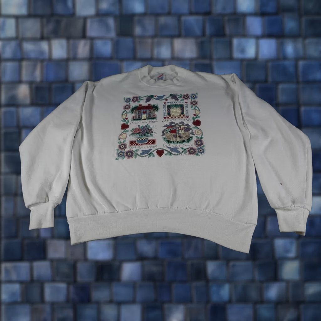 Jerzees VINTAGE Grandma Sweatshirt Womens L White Flowers Folk Art 90s Made USA Crew Neck Pullover Jerzees Size L / US 10 / IT 46 - 1 Thumbnail