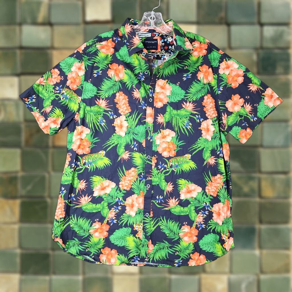 Denime Denim & Flower Shirt Mens XL Floral Button-Up Short Sleeve Blue Green - Denim & Flower Mens XL Floral Button-Up Shirt Short Sleeve Green Blue Size US 36 / EU 52 - 1 Thumbnail
