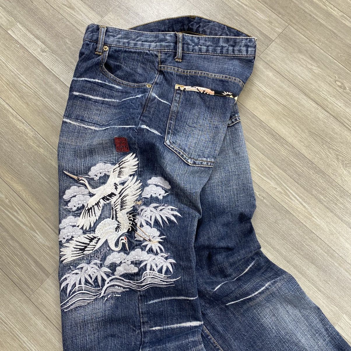 Karakuri Tamashii Vintage Karakuri Tamashii Phoenix Bird Embroidered Jeans Size US 33 - 3 Thumbnail