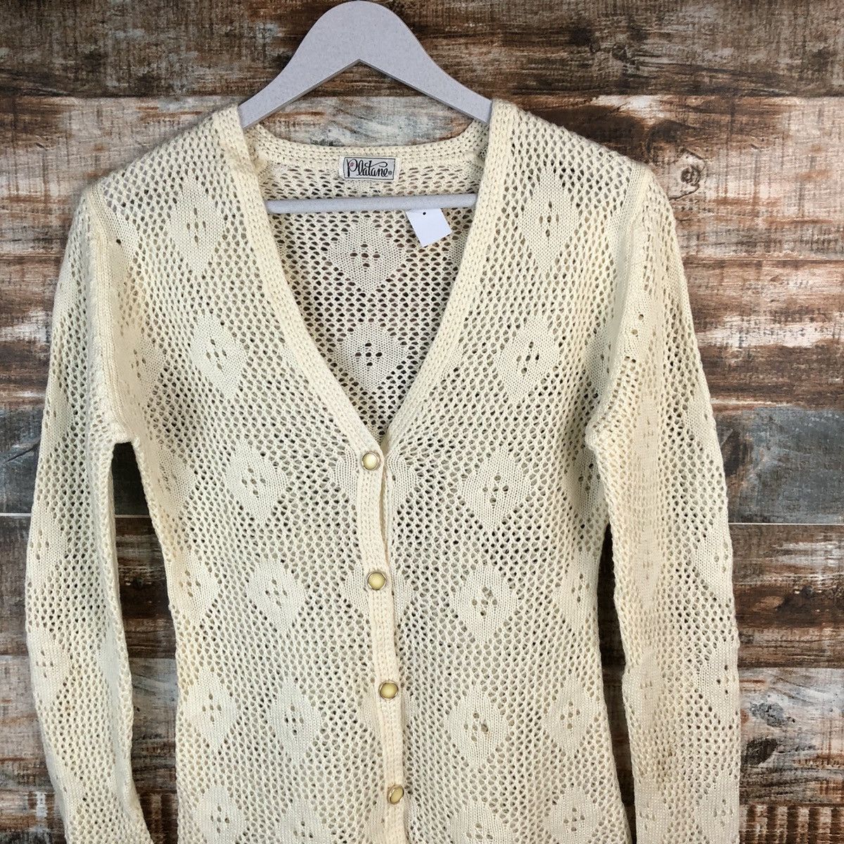 Japanese Brand Platane Cream crochet sexy meshnet Cardigan Knitwear #A1477 Size M / US 6-8 / IT 42-44 - 5 Thumbnail