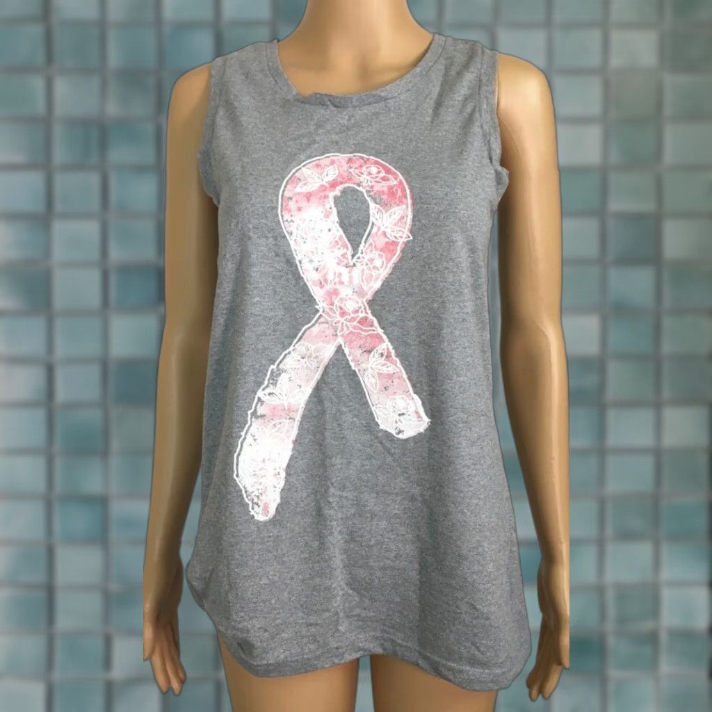 Olive LIVE BREATHE FIGHT Women's Tank Top Gray Heathered Pink Ribbon L Casual Sleeveless Graphic Size L / US 10 / IT 46 - 1 Thumbnail