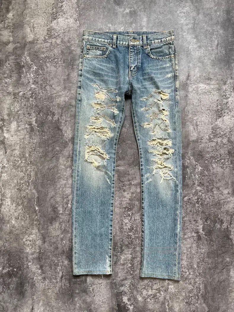 Saint Laurent Paris Saint Laurent Paris Blue Washed Destroyed Chain Link Denim Size US 29 - 1 Thumbnail