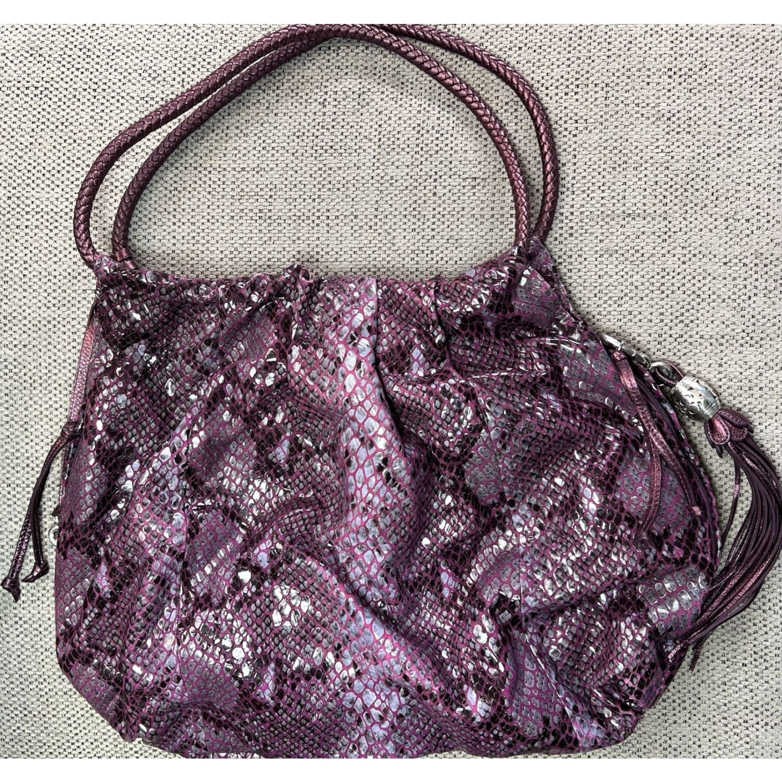 Brighton VINTAGE Brighton Nolita Hobo Bag Leather Purple Large 18” 14.5” 4.5” Tassel Snake Braided Strap Women Mens? Size ONE SIZE - 2 Thumbnail