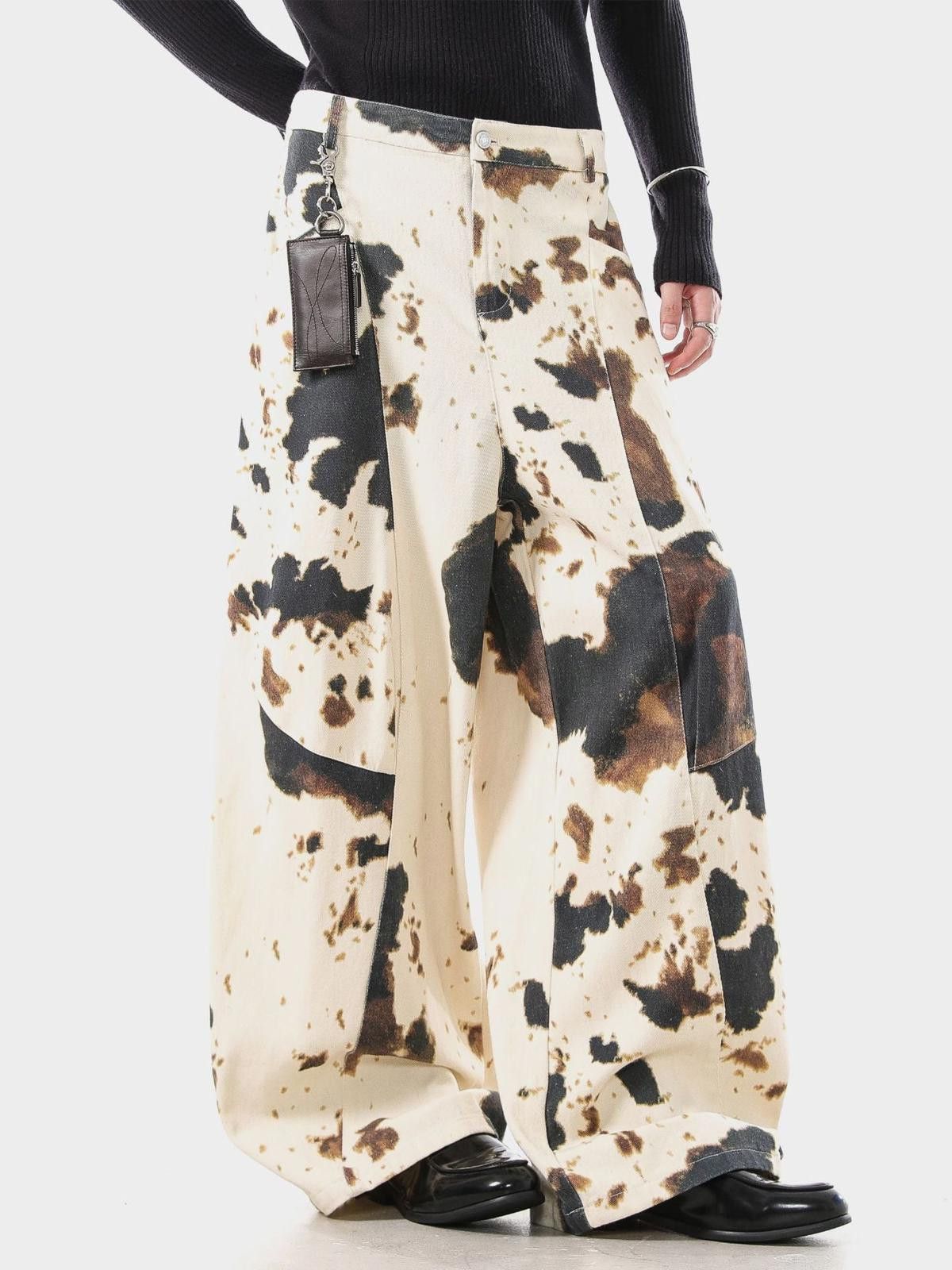 Vintage Cream Cow Print Wide Leg Pants, Baggy Loose Fit Pants Size US 30 / EU 46 - 1 Thumbnail