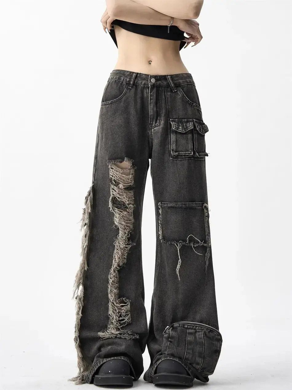 Japanese Brand Loose wide leg distressed jeans Size US 32 / EU 48 - 1 Thumbnail