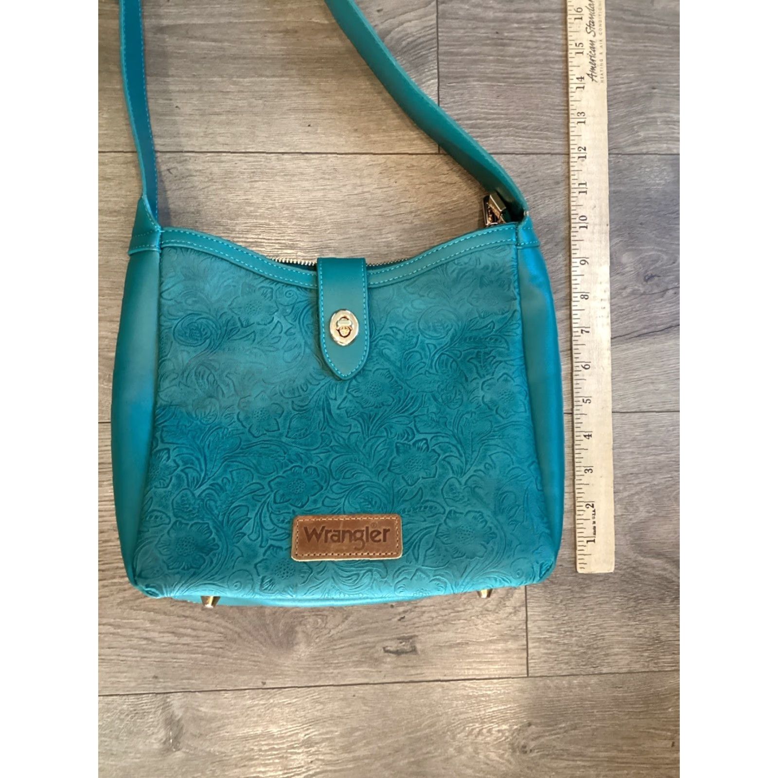 Wrangler Wrangler Turquoise Canvas Crossbody Handbag - Green/Teal Floral Embossed Exterior, Zip, Detachable Strap, Small, Women, Western Theme Size ONE SIZE - 2 Thumbnail