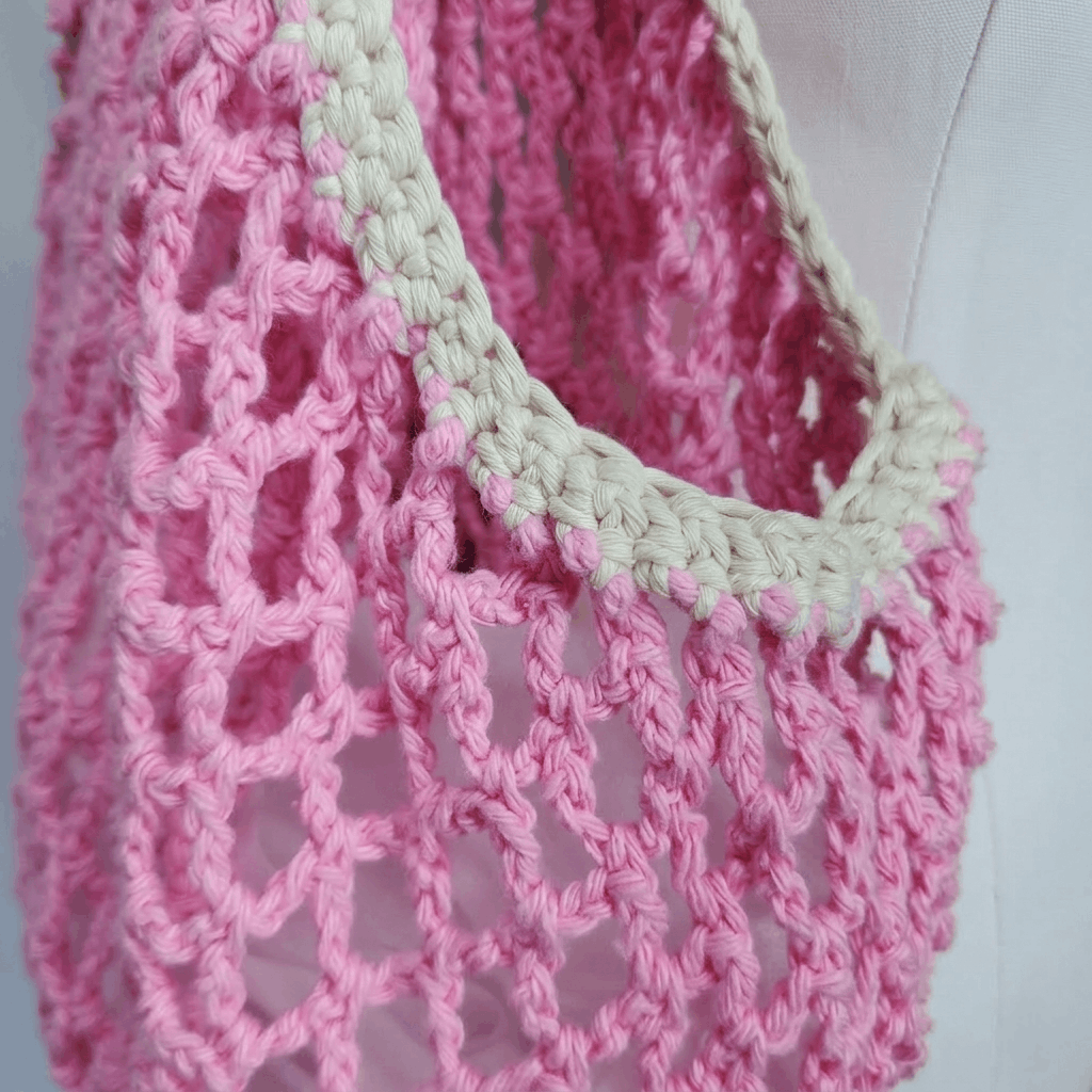 Handmade Market Bag Pink 100% Cotton Crochet French Farmers Net groc Size ONE SIZE - 6 Thumbnail
