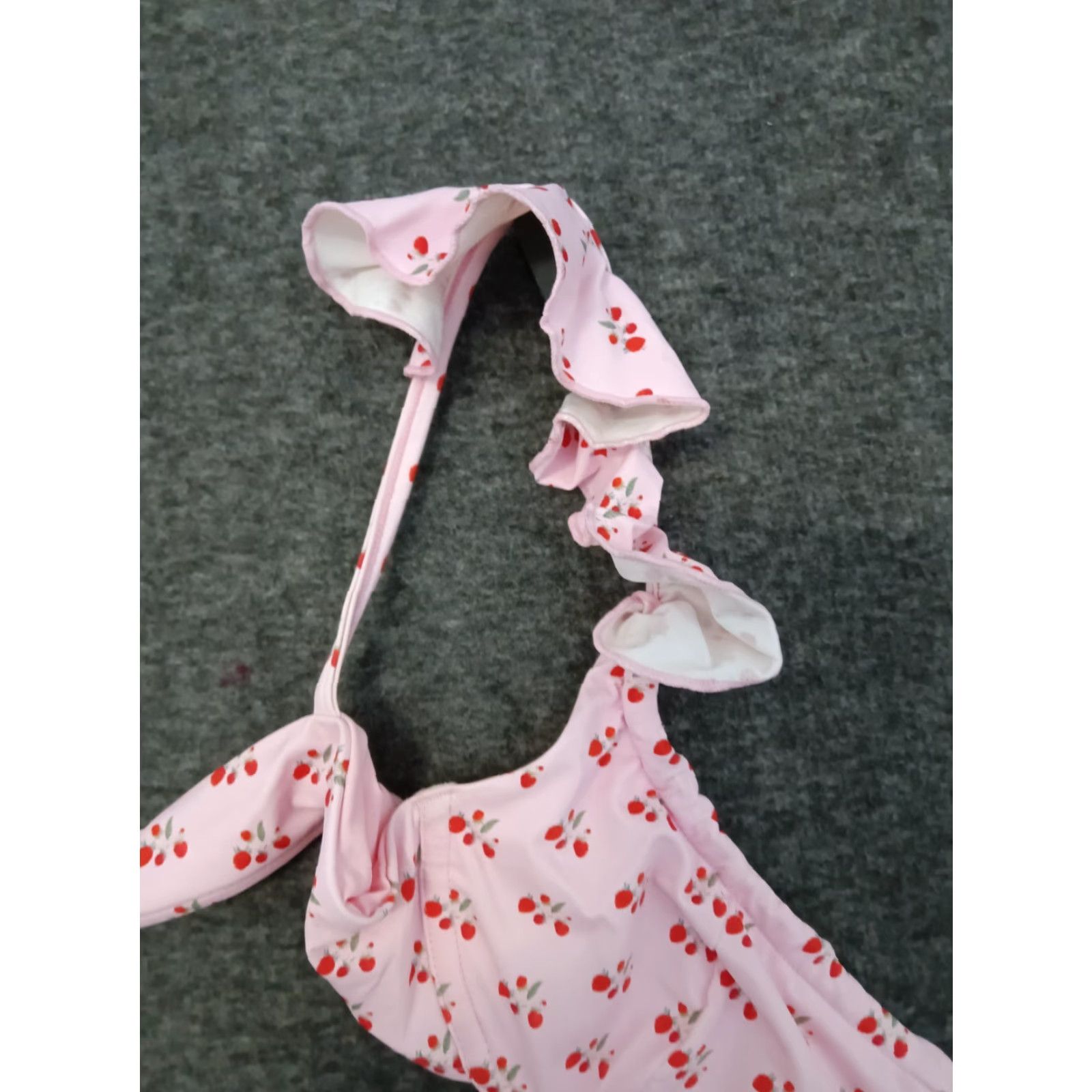 Vintage Frankies Bikinis S Pink Strawberry Underwired Tie Ruffle Straps Bikini Top Swim Top Women Side Logo Floral Pattern Pink Strappy Wide Straps Size S / US 4 / IT 40 - 7 Thumbnail