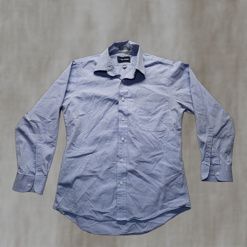 Van Heusen Van Heusen Shirt Blue Solid Button Up Long Sleeve Adult Mens Size 15 32 Regular Cotton Blend Polyester Blend Size US M / EU 48-50 / 2 - 1 Thumbnail
